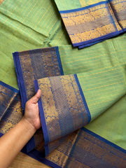 RF497 Dual tone Apple green with royal blue combination Premium rich Zari woven Pallu Kanchi cotton saree with fully Vairaoosi pattern