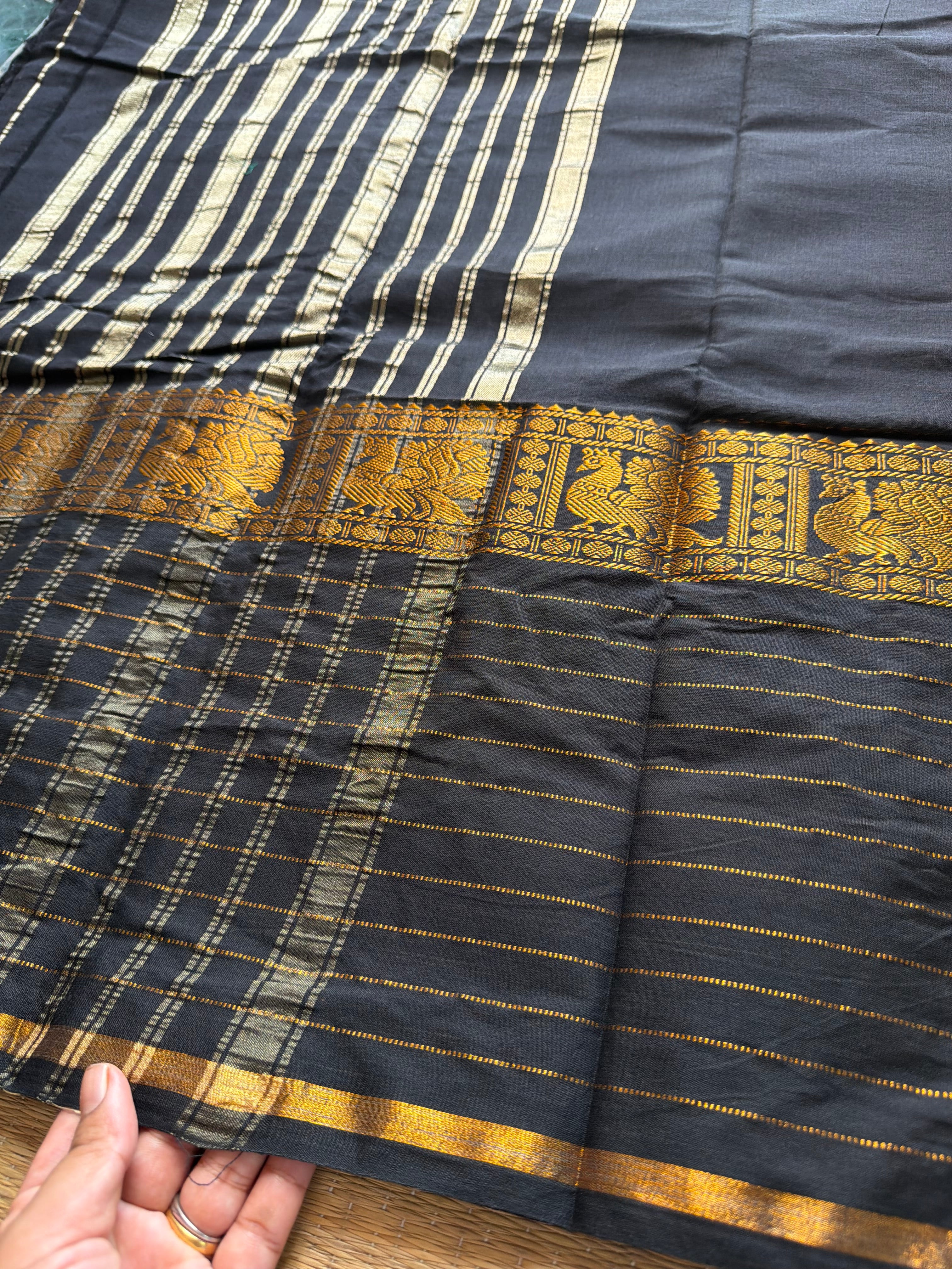 RF616 Monotone black Narayanpet cotton saree with long / big border