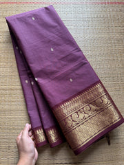 RF241 Dual tone grape shade with brown combination Kanchi cotton saree with handmade thread buttas