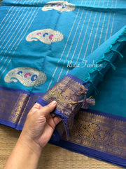 Peacock blue with royal blue shade Premium 120 count  Kanchi Cotton Saree With Unique Vanasingaram Border and simple zari woven mango Motif Pallu