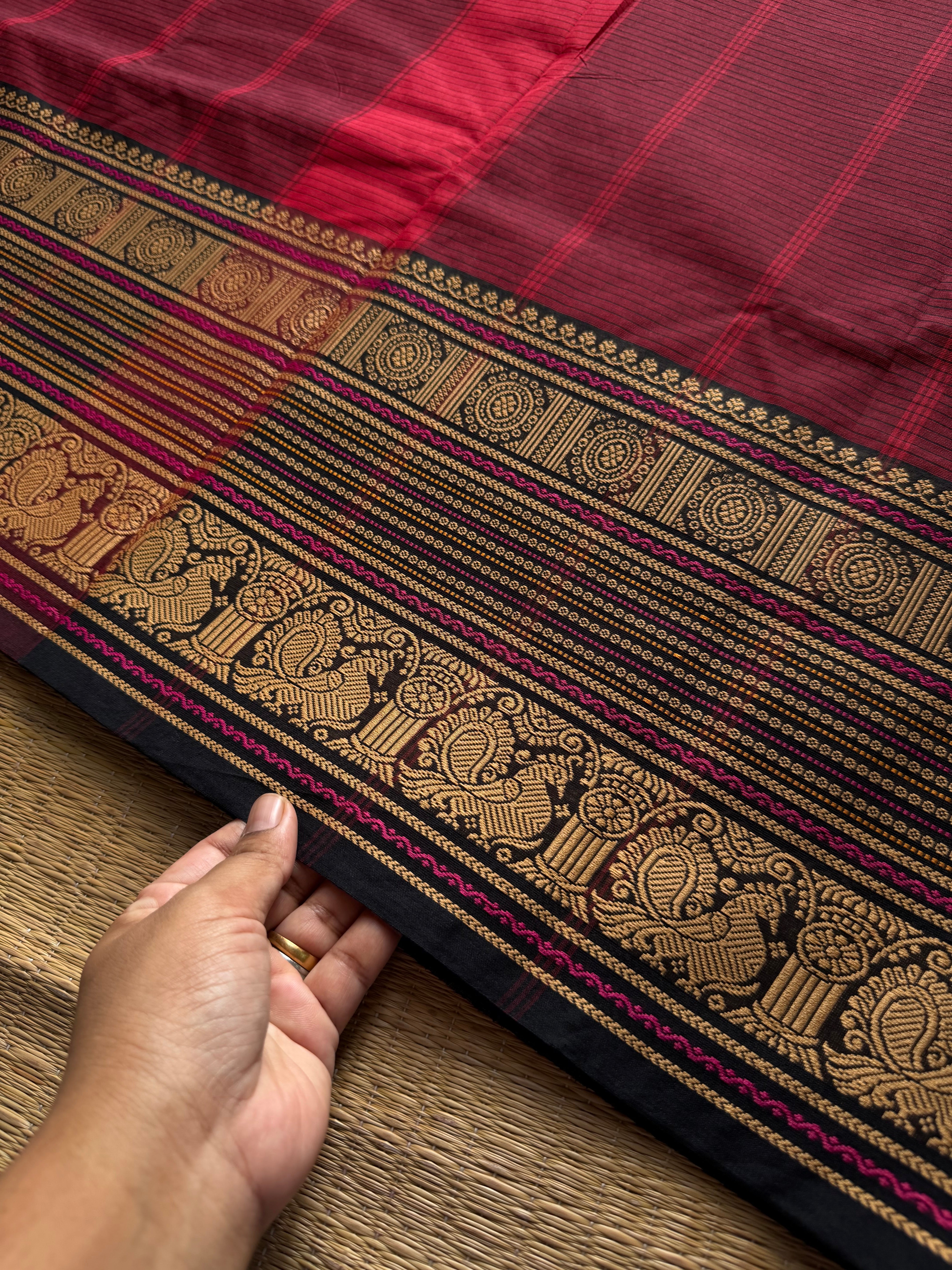 RF1420 Reddish maroon with black thread border Kanchi cotton saree