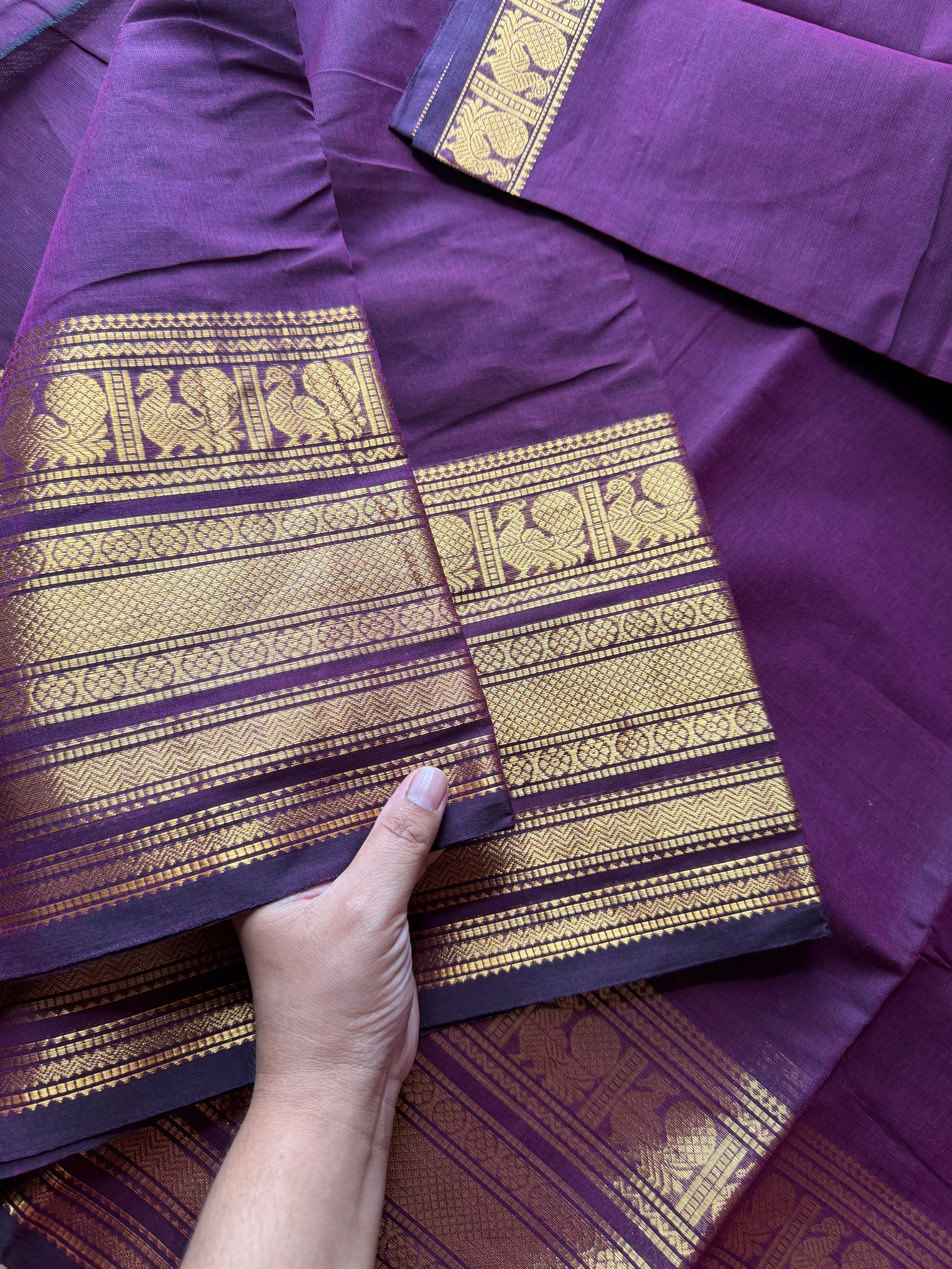RF277 Monotone Deep Purple Shade Kanchi Cotton Saree With Silk Saree Inspired Varisaipet Border