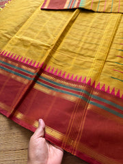 RF326 Yellow with peach combination Kanchi cotton saree with thread woven velthari pattern & unique border