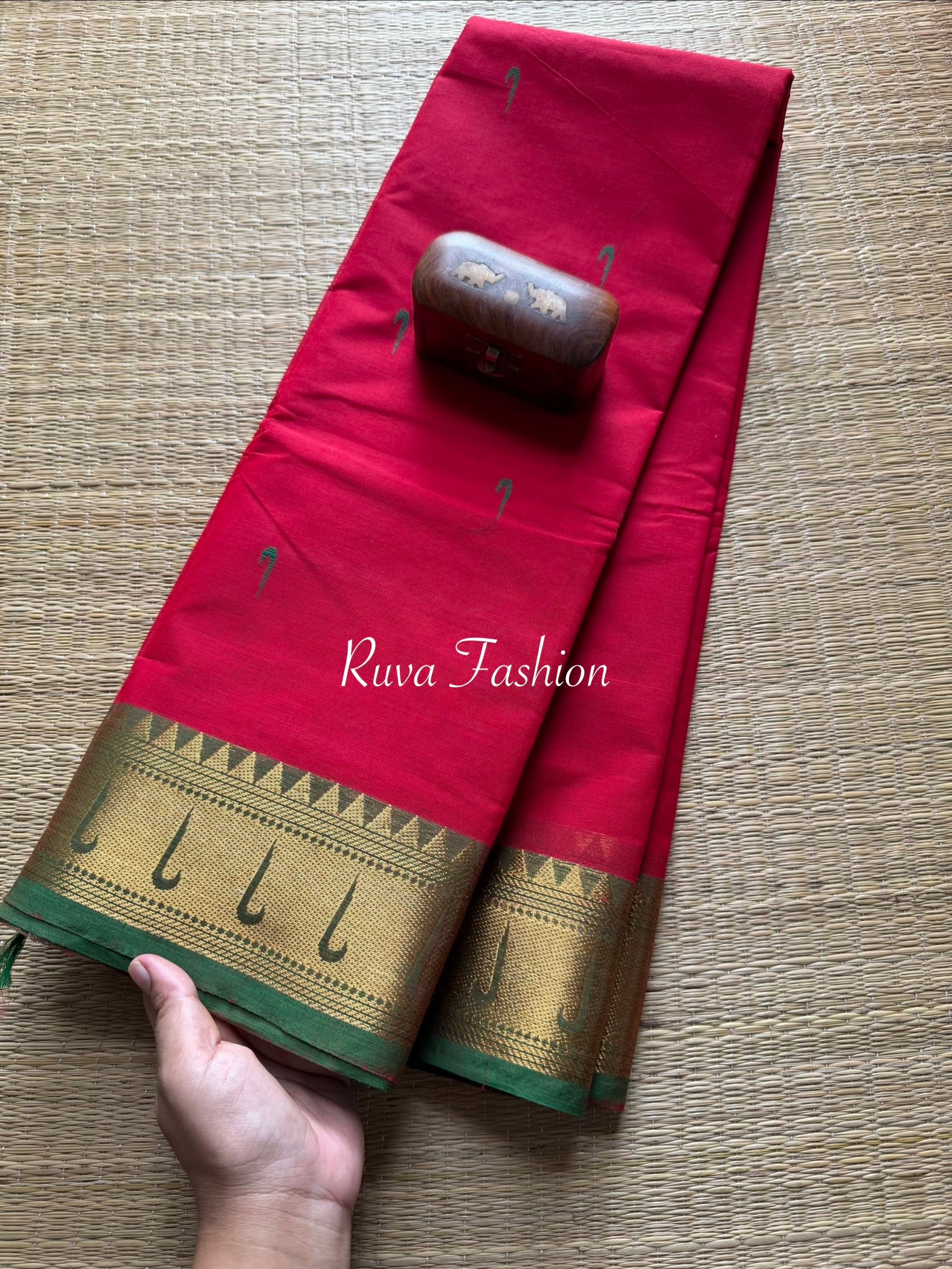 RF46 Red & green combination paithani border Kanchi cotton saree with handmade thread buttas