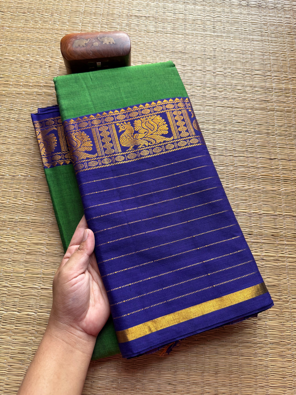 Green & Royal Blue Combination Narayanpet Long Border Saree