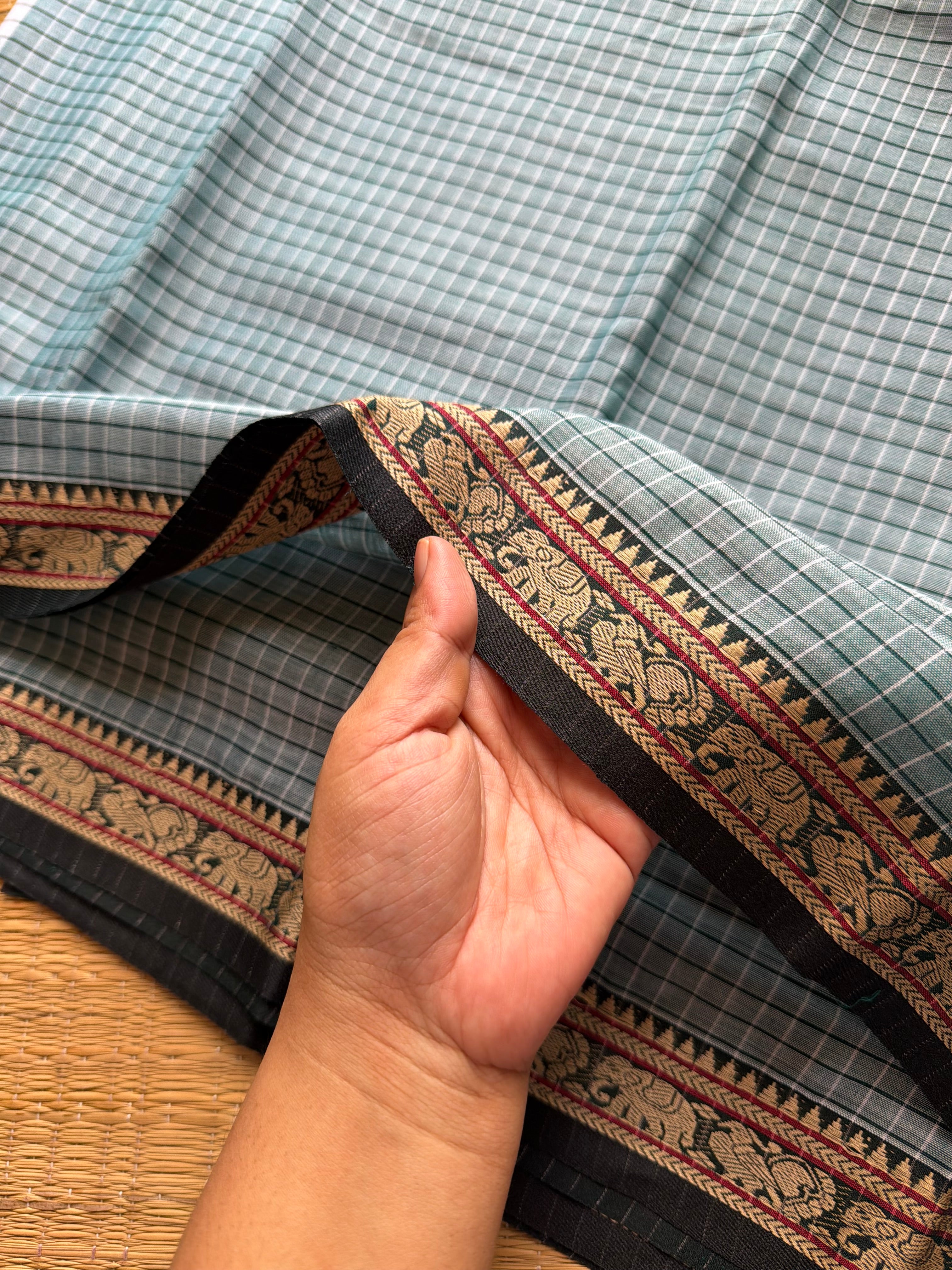 Dual tone pista green shade Mercerised Narayanpet cotton saree with small border & Kattam / Checks pattern saree