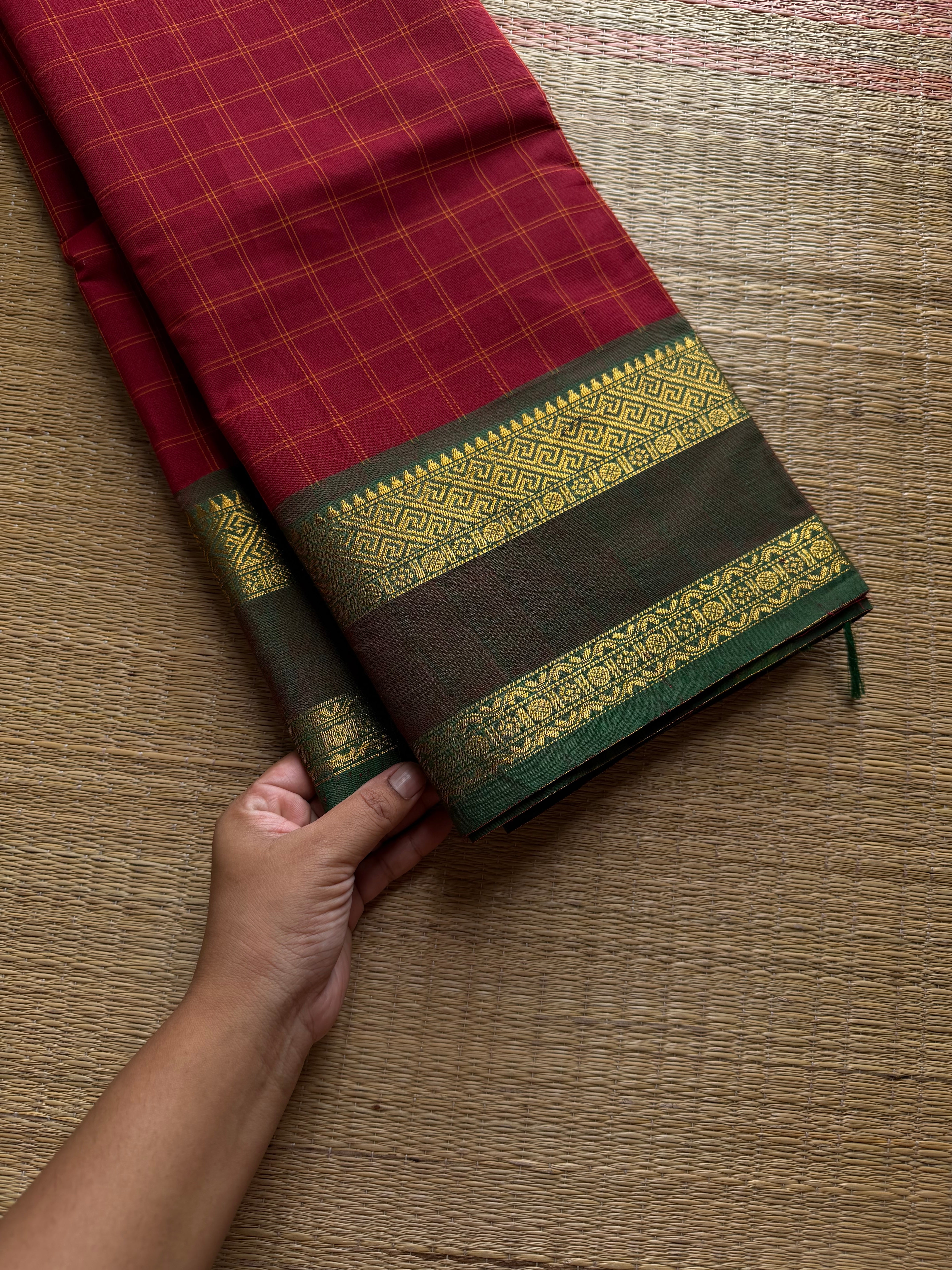 RF1034 Reddish maroon with green ~ Vintage Kattam / Checks Kanchi Cotton Saree