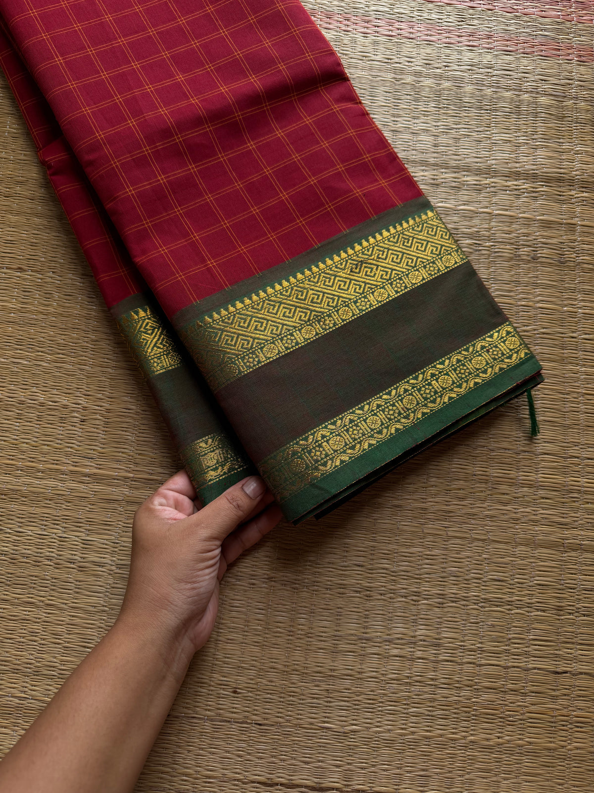 RF1034 Reddish maroon with green ~ Vintage Kattam / Checks Kanchi Cotton Saree