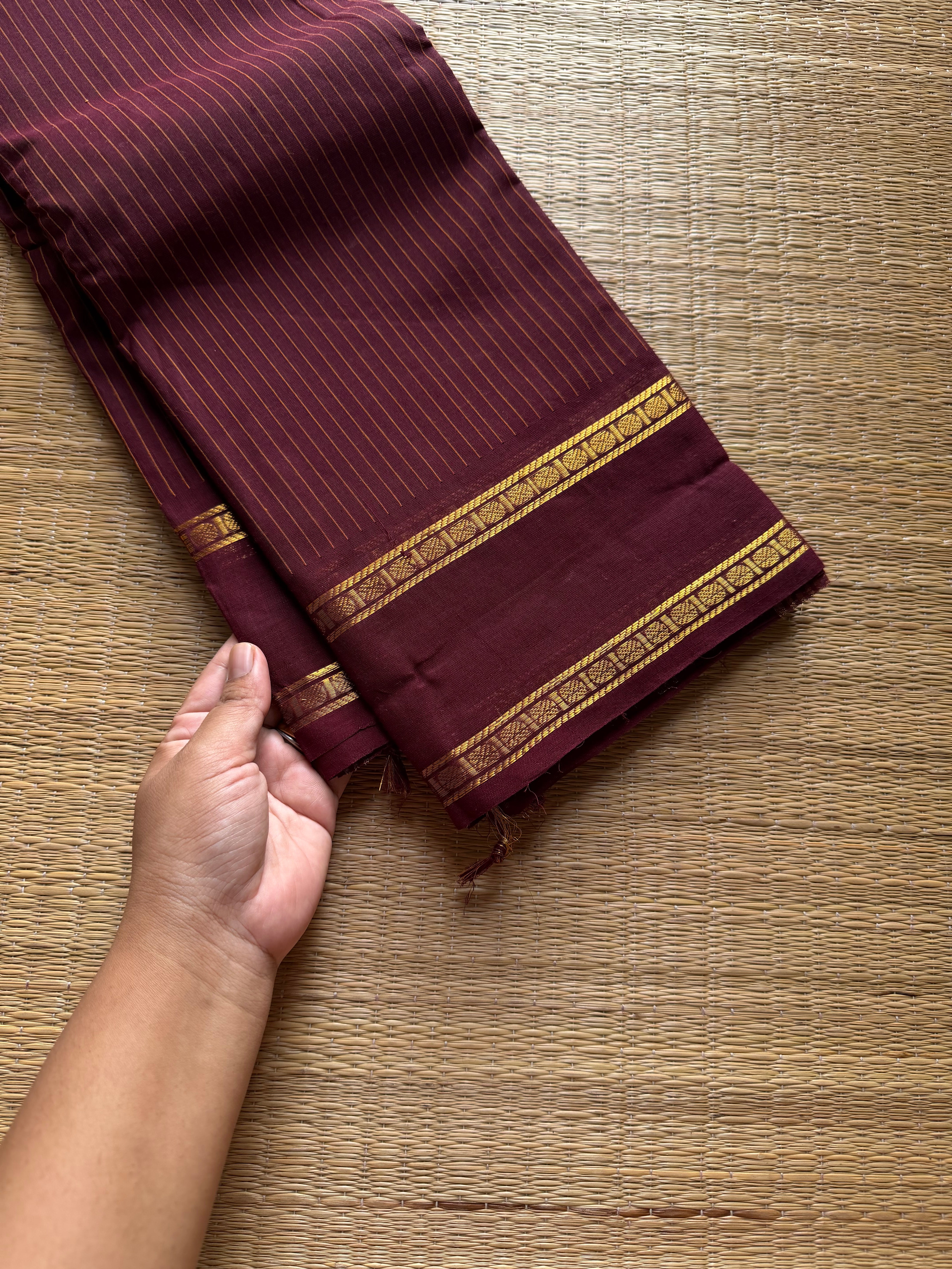 RF1002 Monotone Dark Maroon shade Kanchi cotton saree Vaira Oosi thread vertical lines pattern with vintage Rettapet border