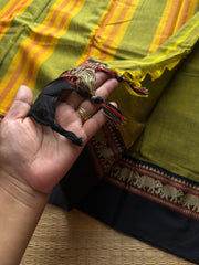 RF849 Mercerised Narayanpet Cotton Saree ~ Green with black