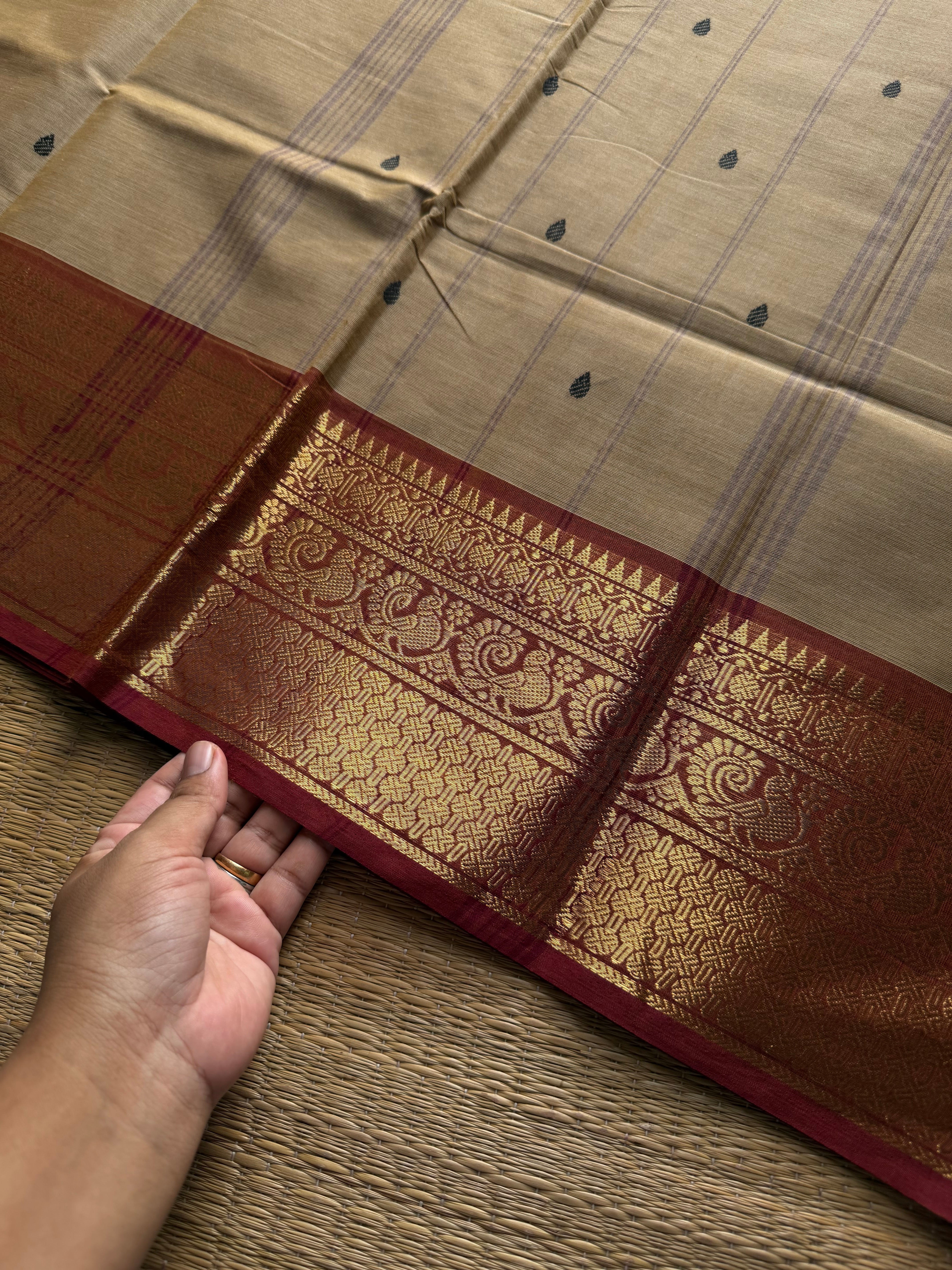RF1019 Beige shade ~ Kanchi Cotton Saree with handmade thread buttas