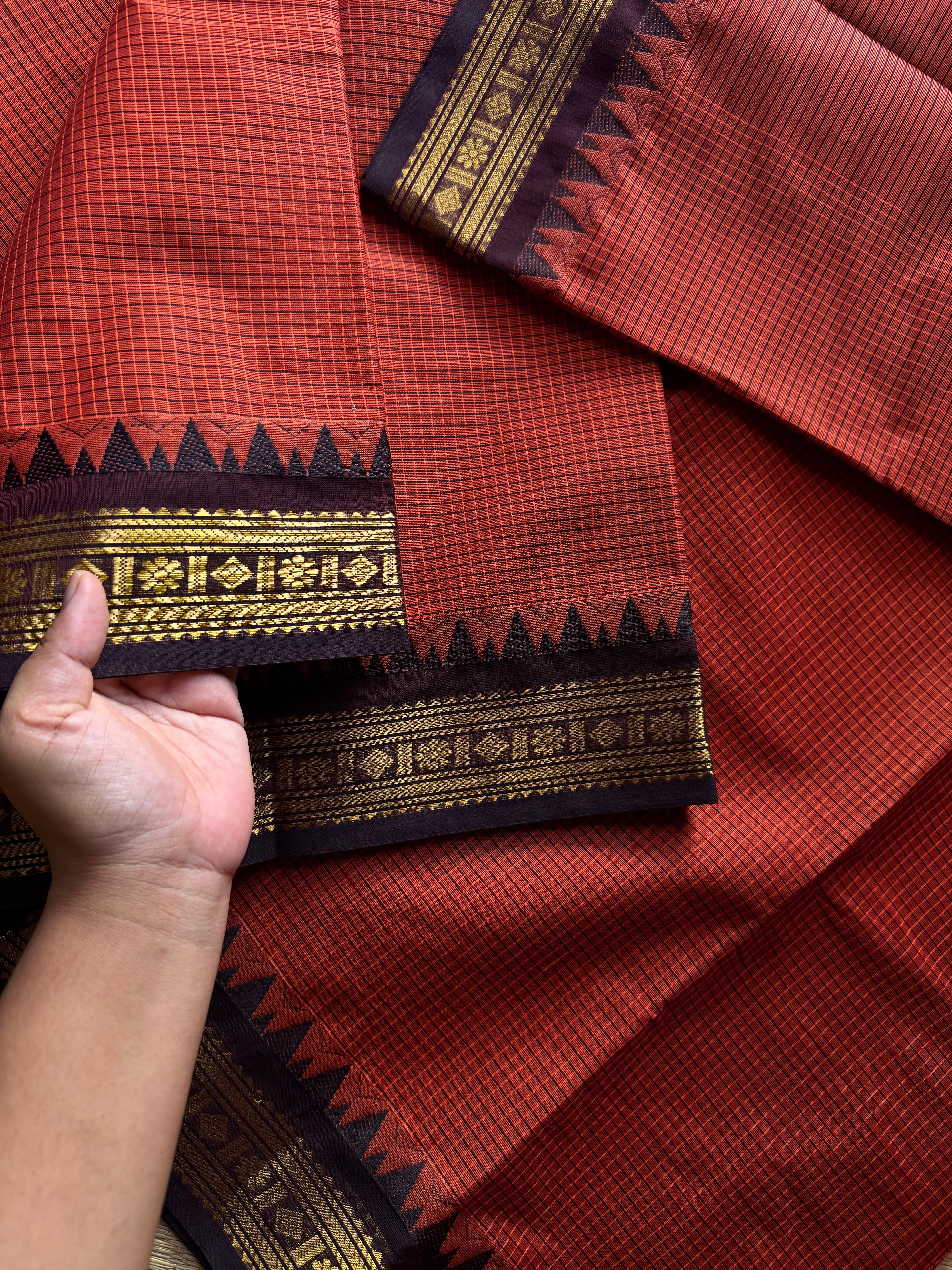 RF1397 Burnt orange with brown ~ Vintage Podikattam Kanchi cotton saree with small border