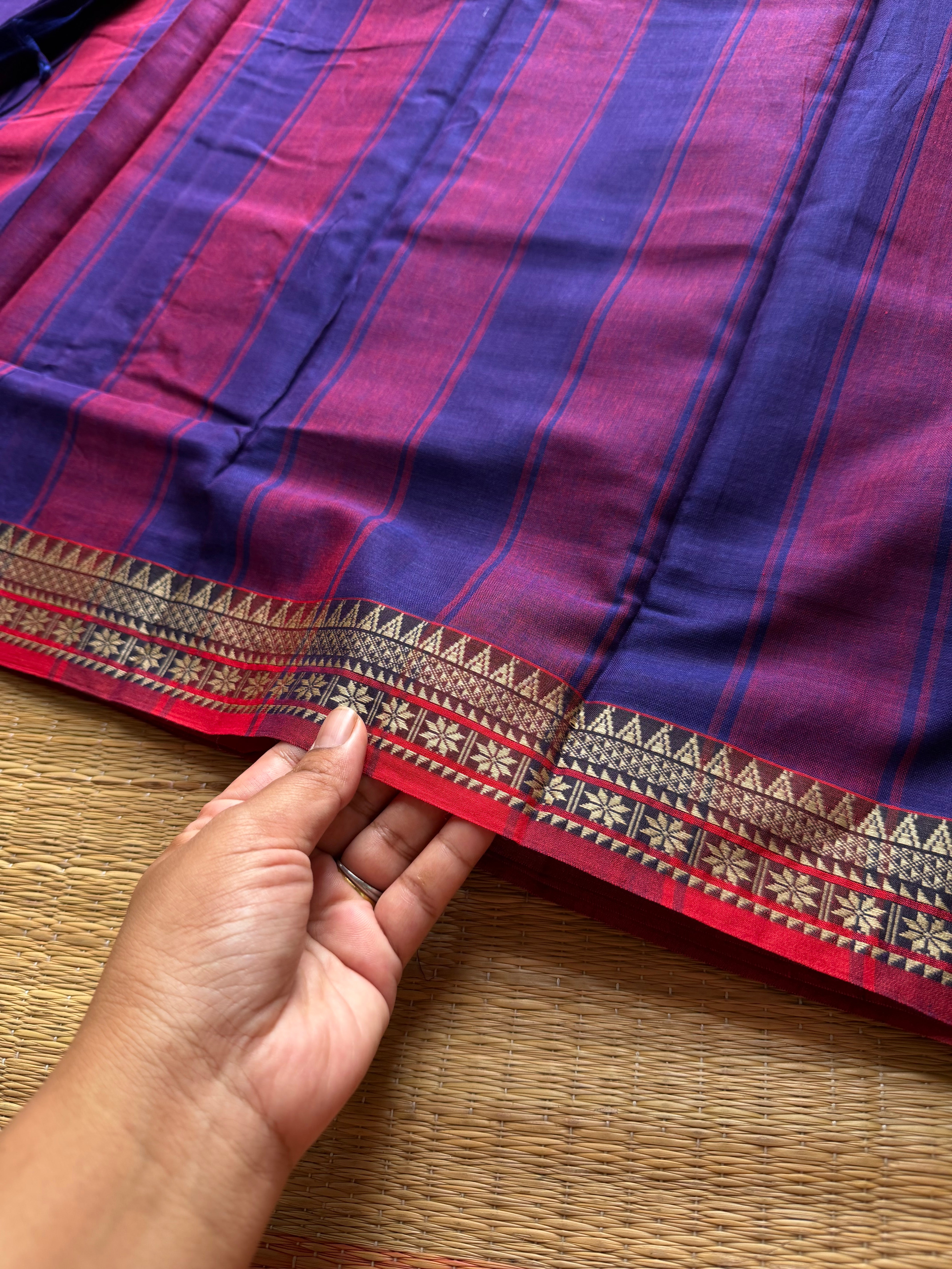 RF869 Blue and purple mixed dual tone shade Mercerised Narayanpet cotton saree with small thread border