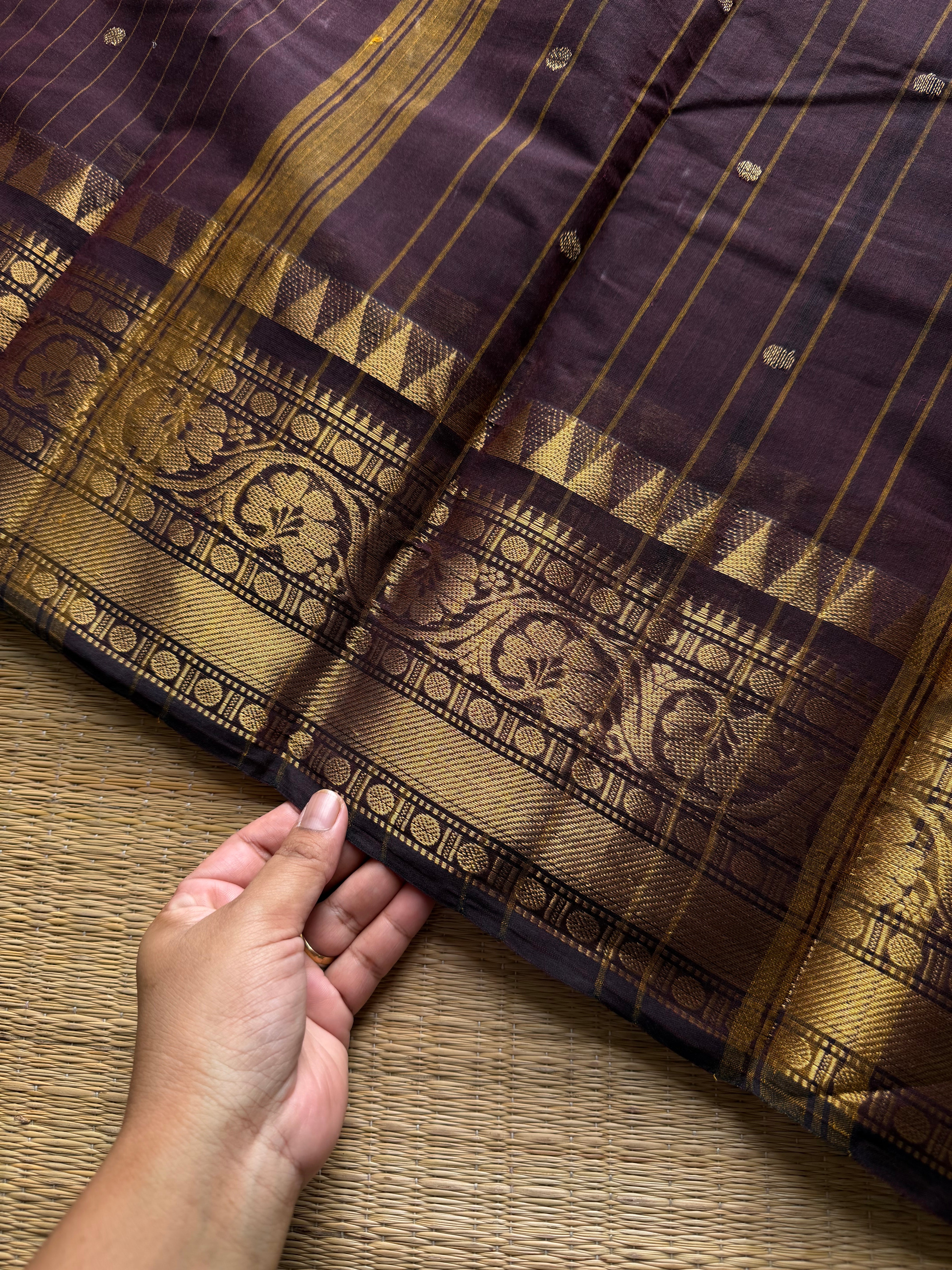 RF1243 Deep coffee brown ~ Kanchi Cotton saree with Vairaoosi pattern & handmade golden Zari Buttas