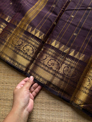RF1243 Deep coffee brown ~ Kanchi Cotton saree with Vairaoosi pattern & handmade golden Zari Buttas