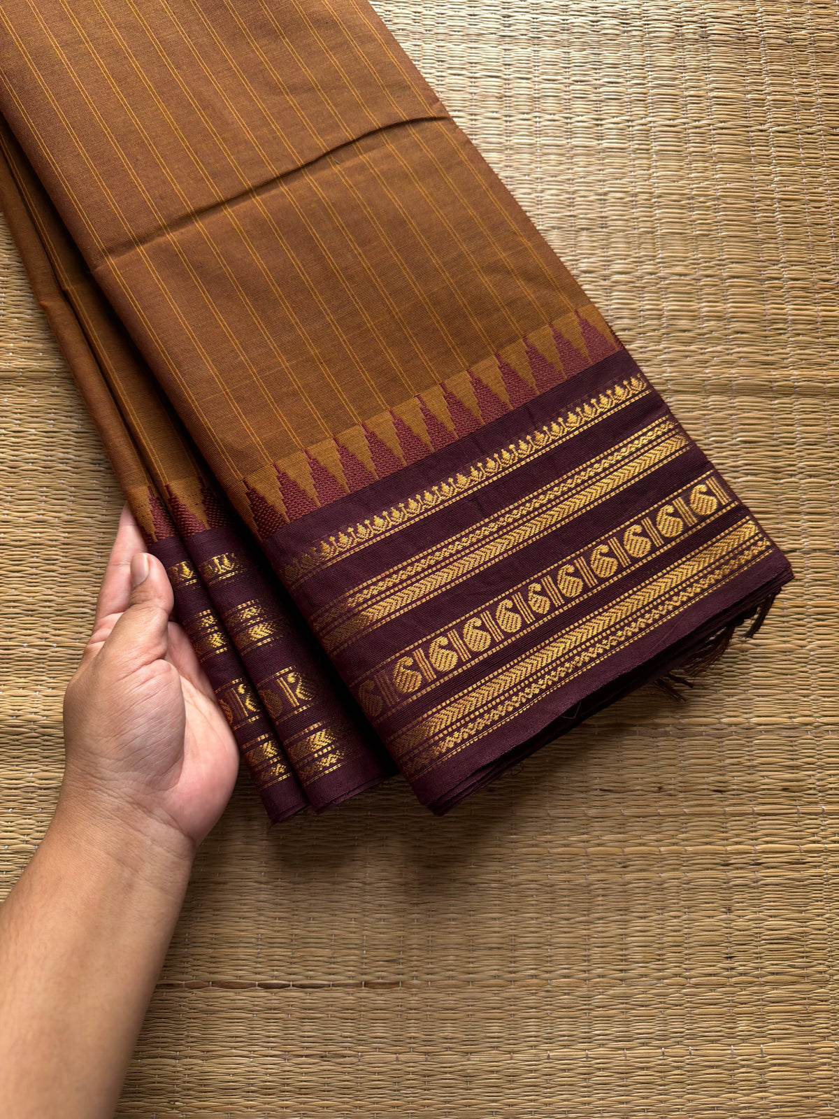 RF766 Honey shade with brown combination Kanchi cotton saree