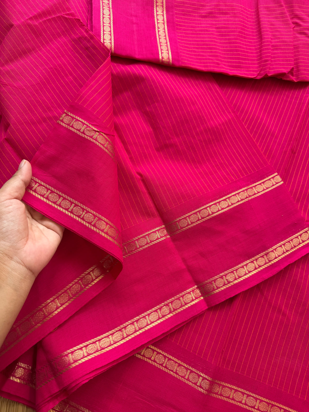 RF177 Monotone Pink Kanchi cotton saree with Korvai Vaira Oosi thread vertical lines pattern with vintage Rettapet Zari border