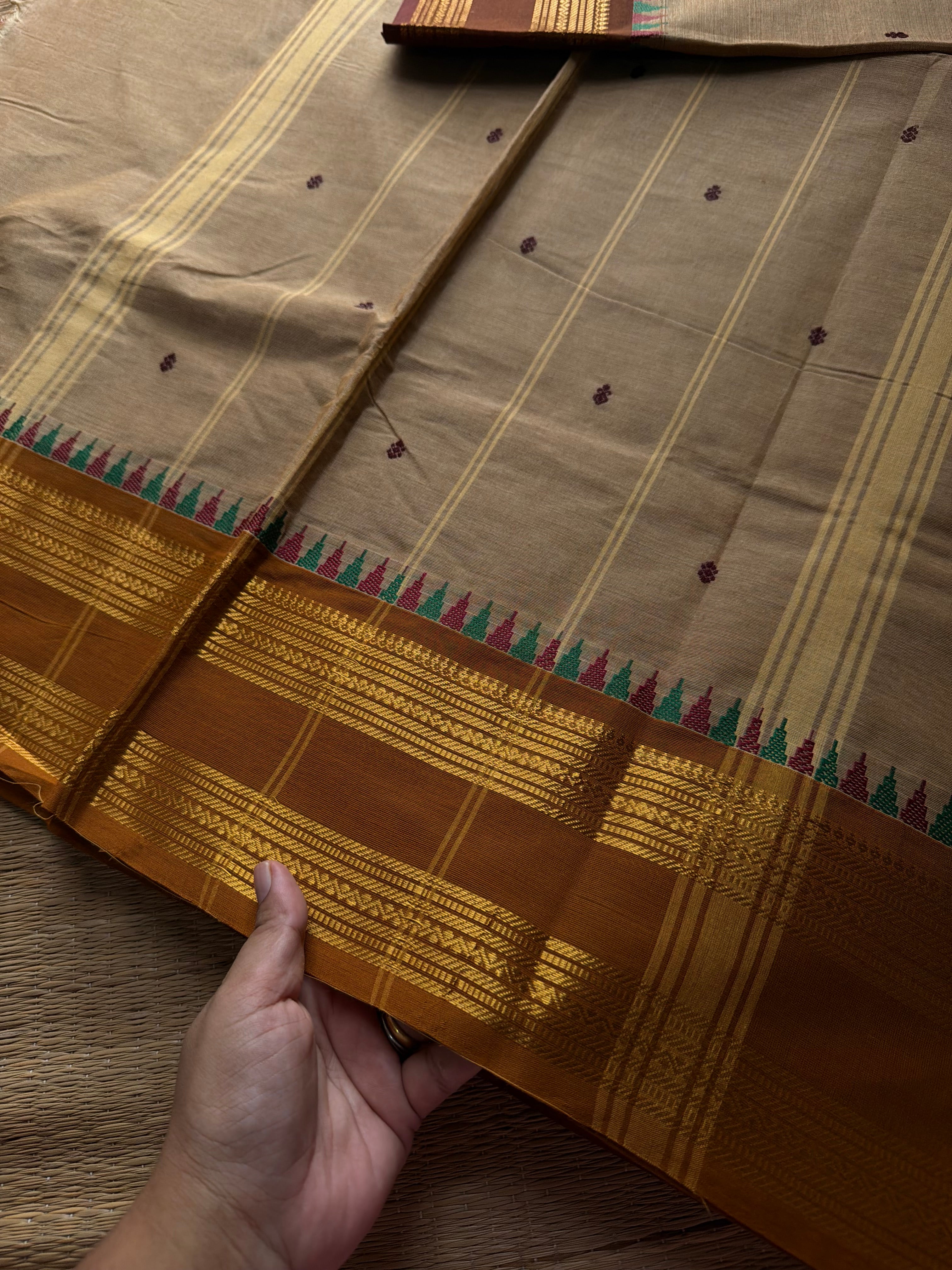 RF800 Beige shade Kanchi cotton saree with Ganga Jamuna border & handmade thread buttas
