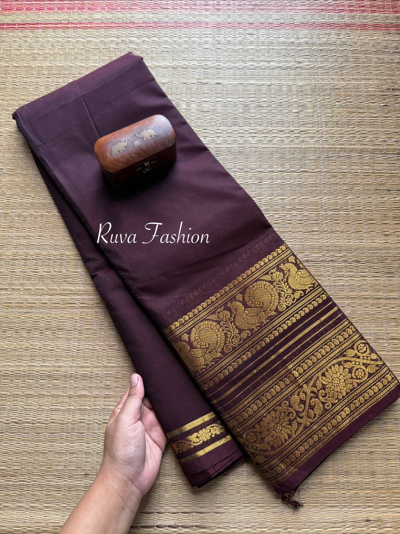 RF16 Monotone Chocolate Brown retta Patta border Kanchi cotton saree- RF16