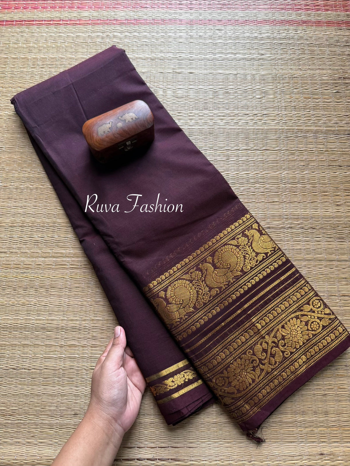 RF16 Monotone Chocolate Brown retta Patta border Kanchi cotton saree- RF16