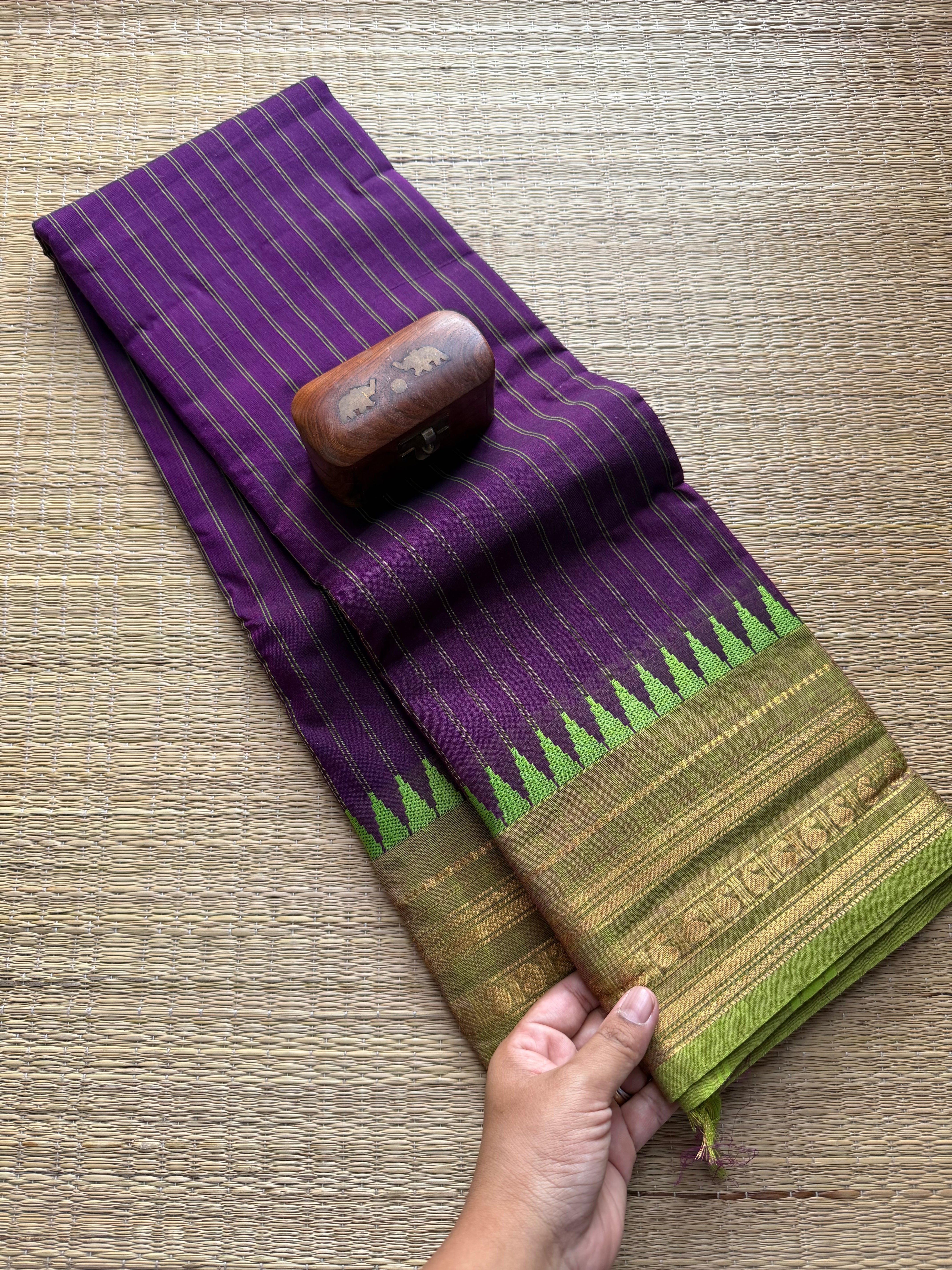 Purple with green stripped pattern Kanchi cotton saree