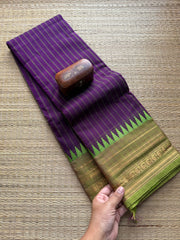 Purple with green stripped pattern Kanchi cotton saree