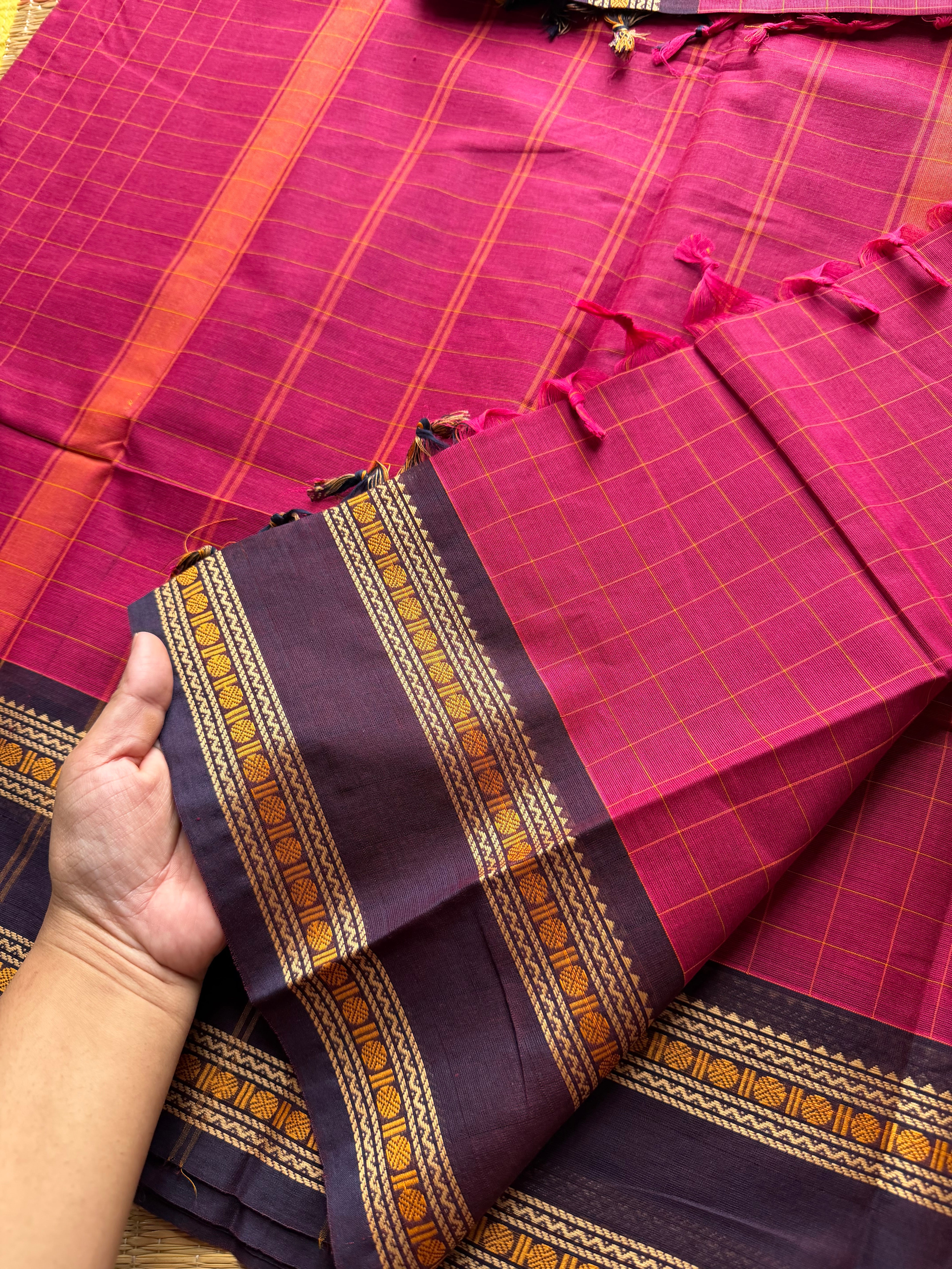 RF557 Premium & Soft Thread Border Kanchi Cotton Saree With Kattam / Checks Pattern | Magenta pink
