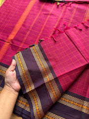 RF557 Premium & Soft Thread Border Kanchi Cotton Saree With Kattam / Checks Pattern | Magenta pink