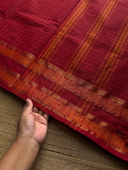 RF983 The Reddish Maroon Kattam Edition: Kanchi Cotton Saree with Minimal Zari & checks pattern