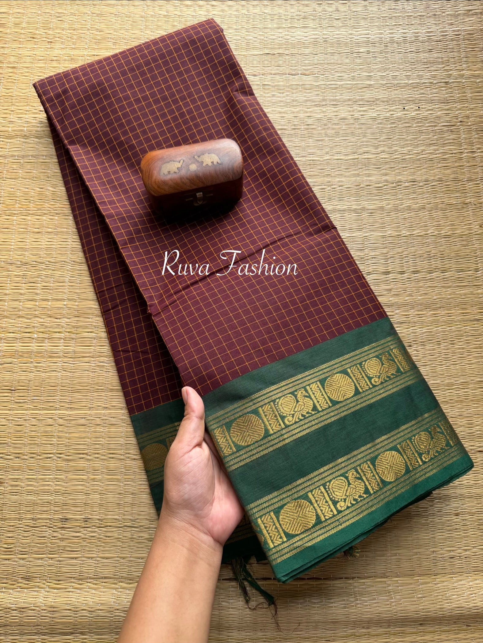 Maroon With Green Checks/ Kattam Kanchi Cotton Saree
