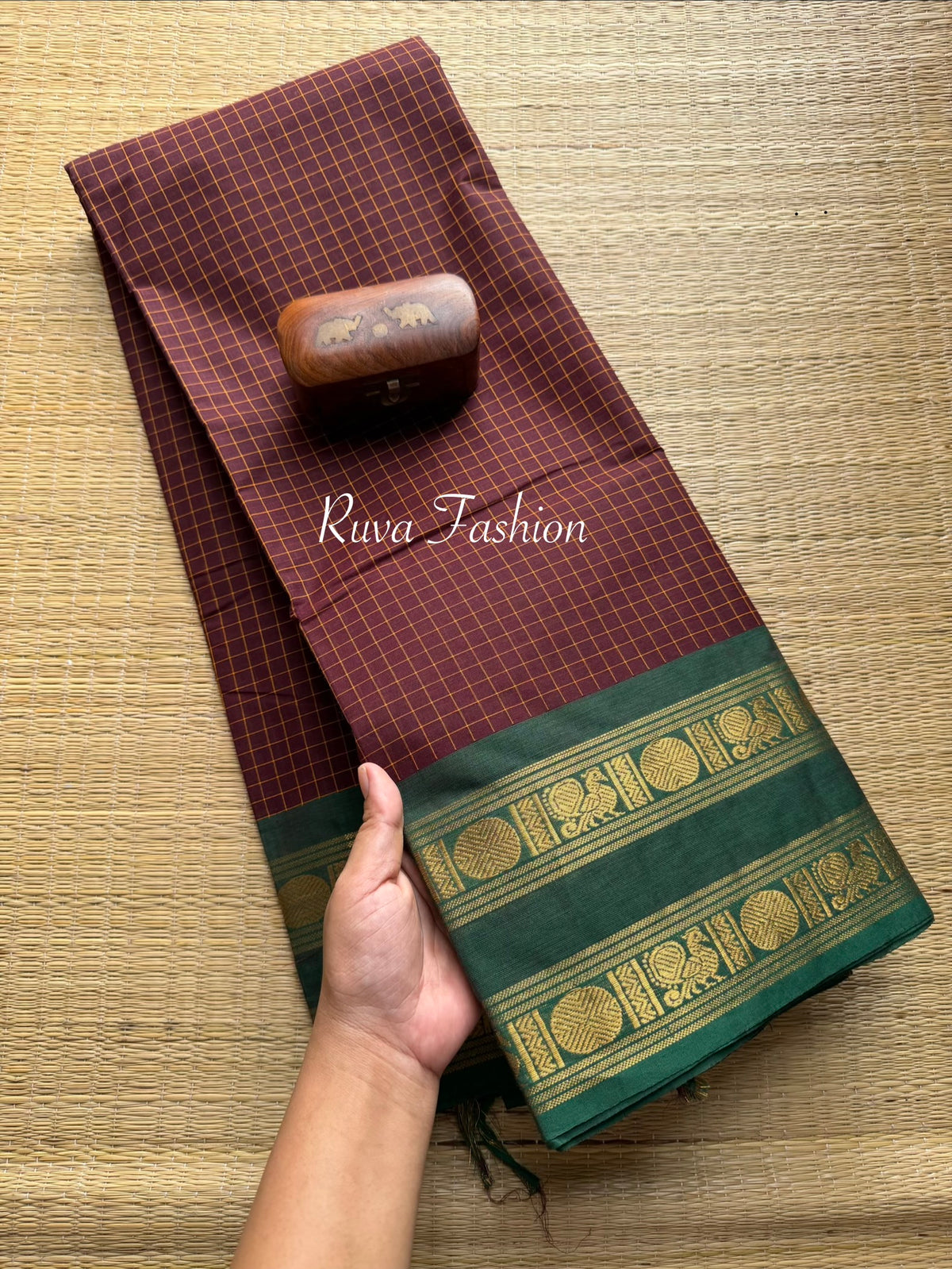 Maroon With Green Checks/ Kattam Kanchi Cotton Saree