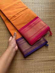 Dark Mango shade with contrast purple & pink combo Ganga Jamuna border Kanchi cotton saree with handmade thread buttas