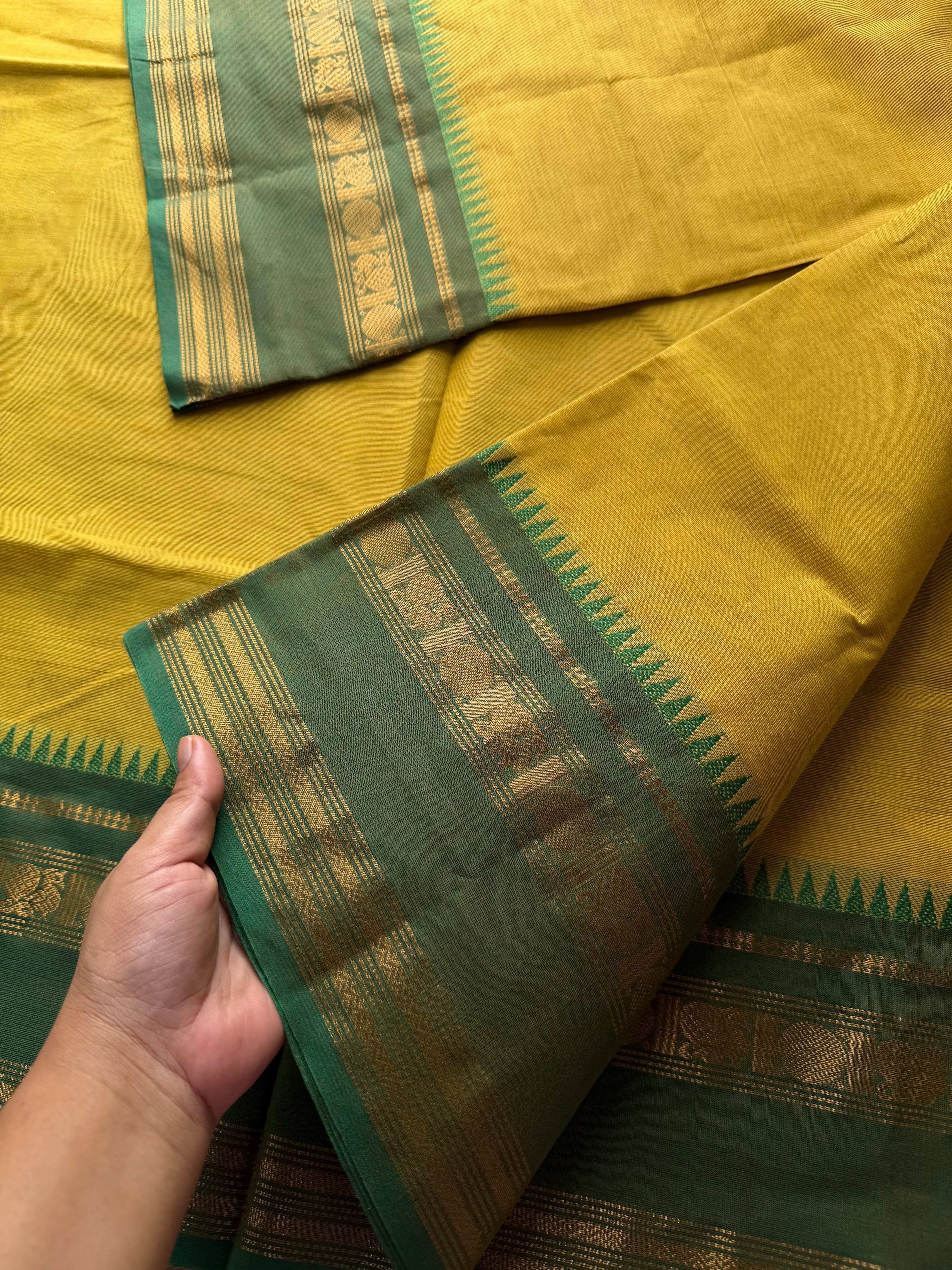 RF531 Light mustard yellow with green combination Kanchi cotton saree