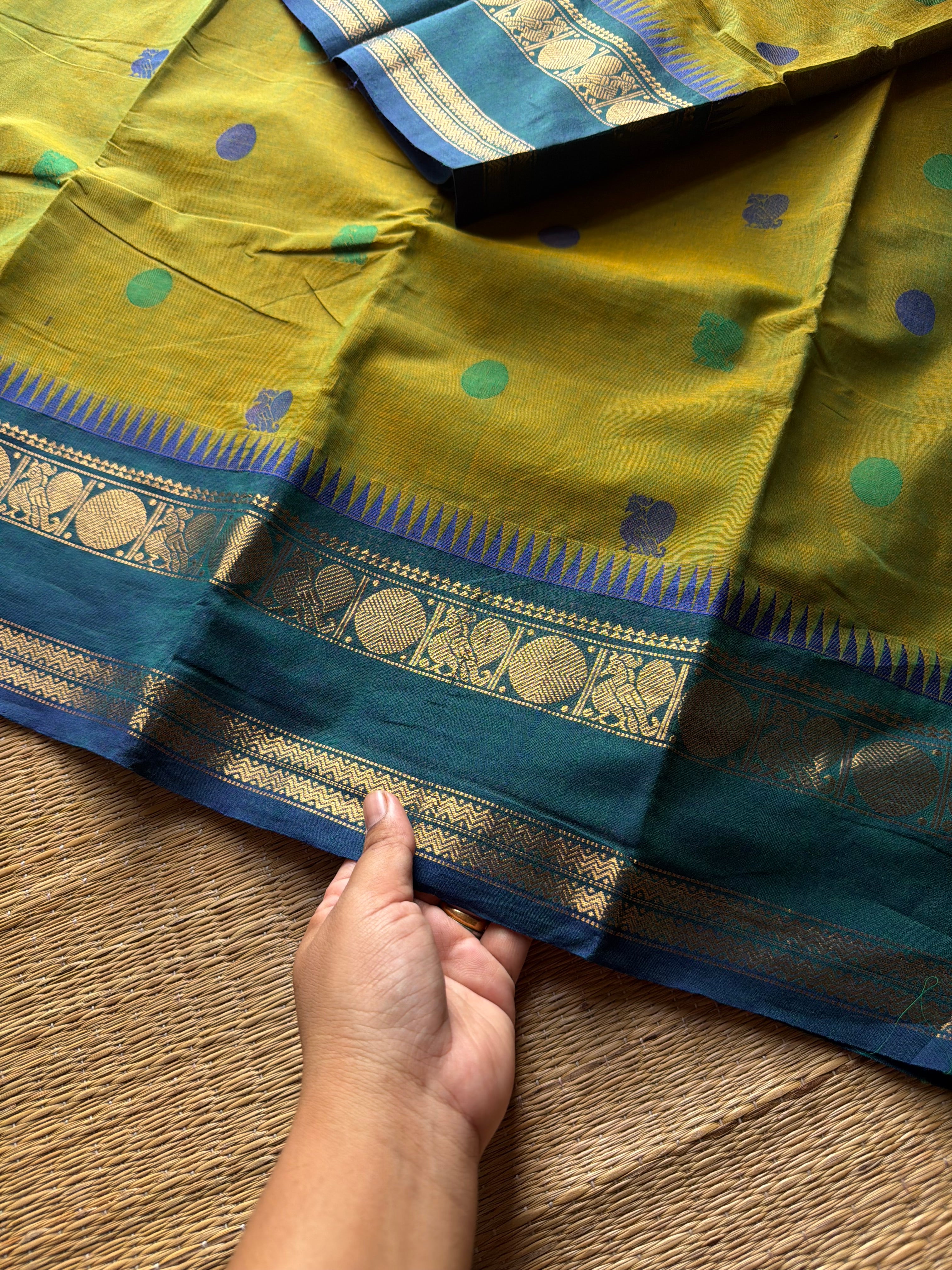 RF1394 Dual tone green ~ Premium Rich Pallu Kanchi cotton saree with Annam pattern gap border