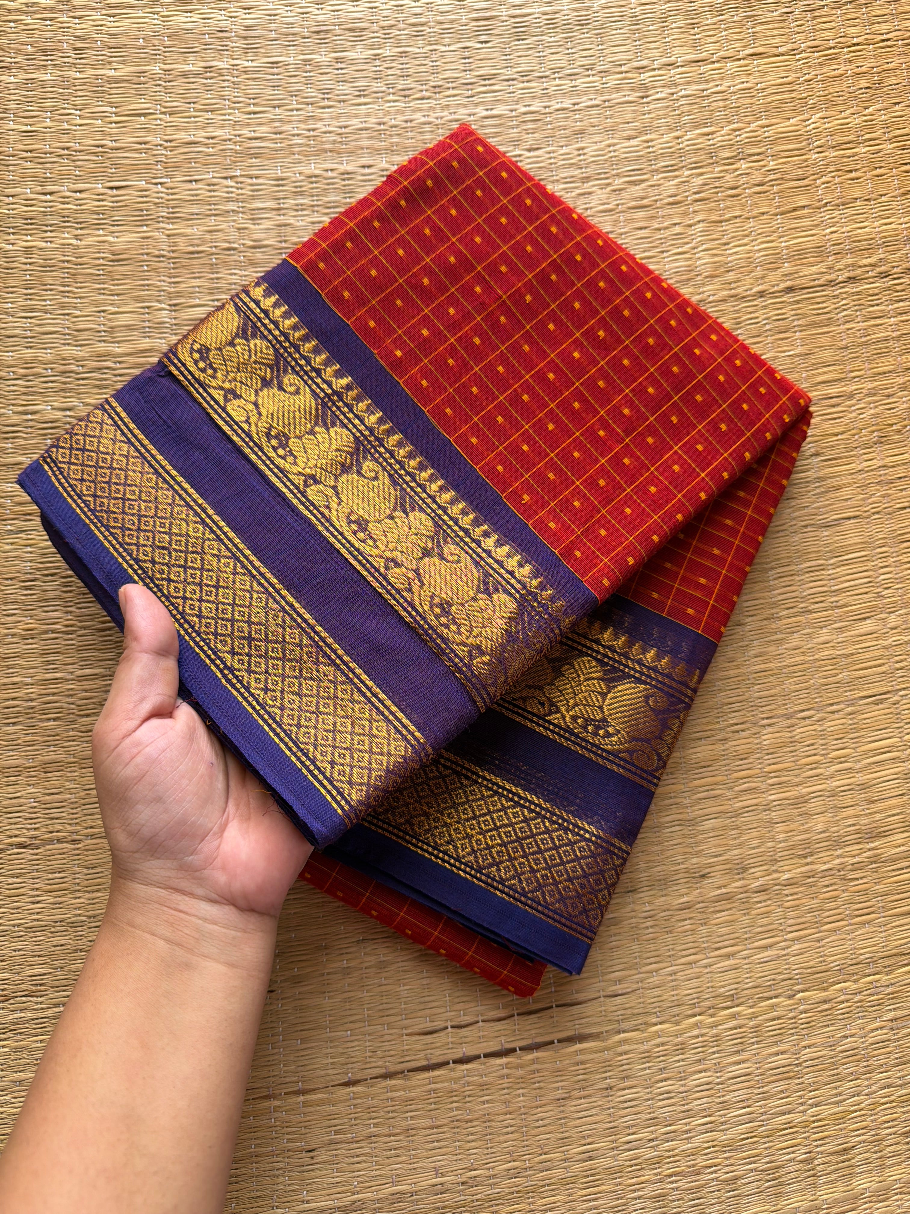 RF423 Rusty Red with deep royal blue combination Lakshadeepam / 1000 Buttas checks / Kattam pattern Kanchi cotton saree