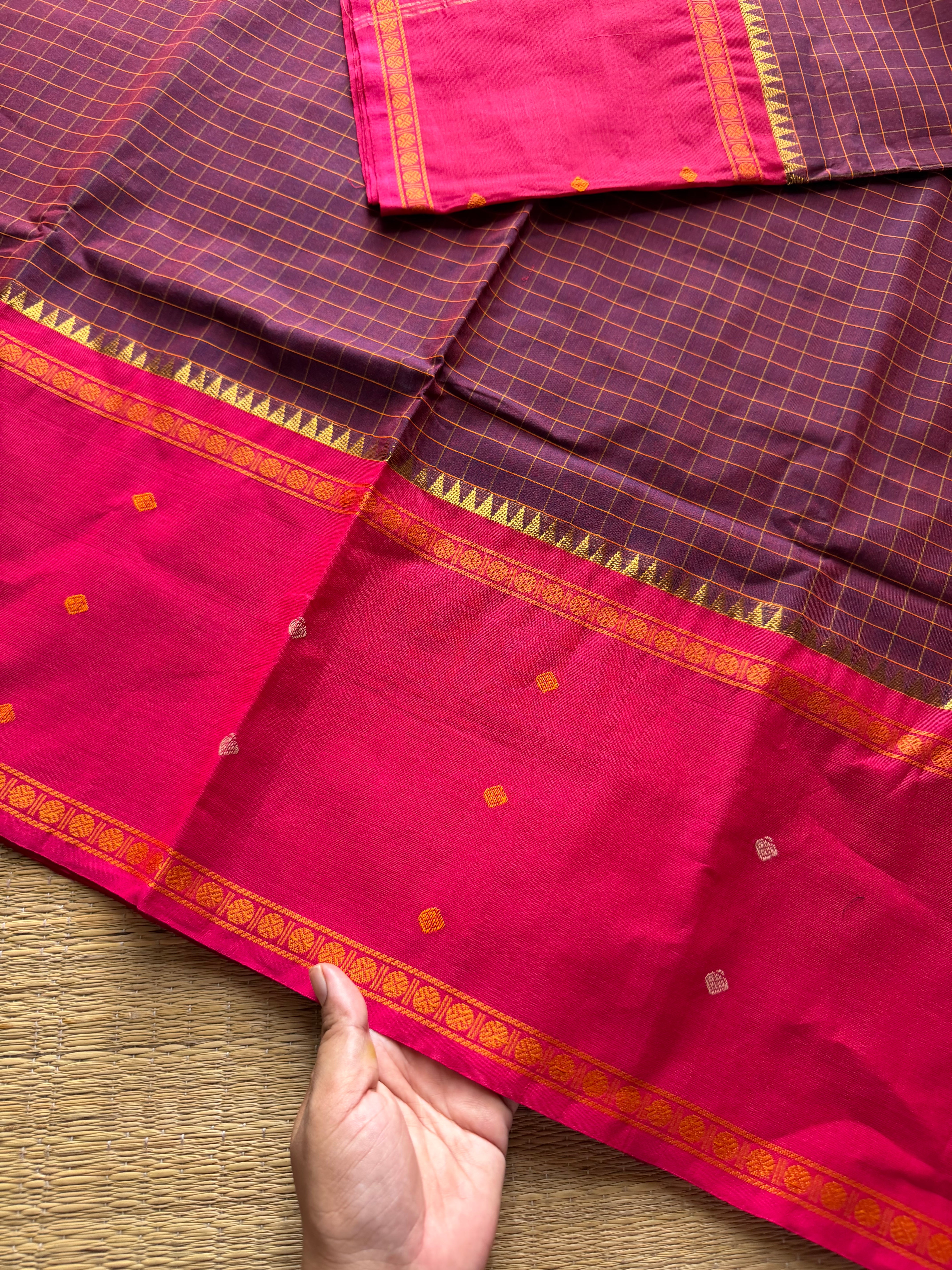 Maroon shade Vintage Border Kanchi Cotton Saree With kattam / checks pattern & handwoven Buttas on the border