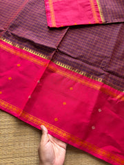 Maroon shade Vintage Border Kanchi Cotton Saree With kattam / checks pattern & handwoven Buttas on the border