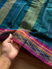 RF1312 Peacock blue shade ~ Narayanpet Mercerised soft cotton saree with stripped pattern