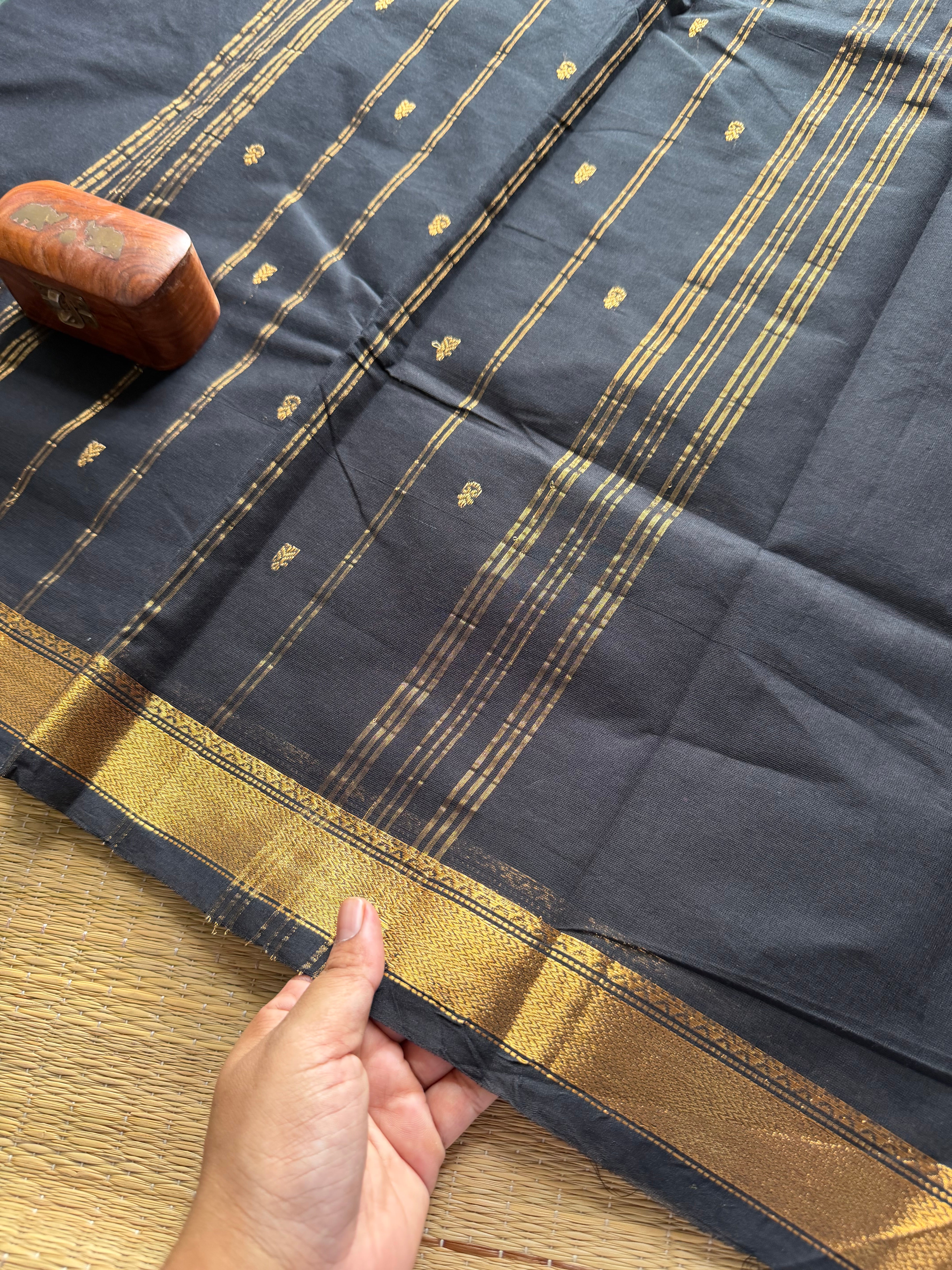 RF333 Monotone Black shade small border Kanchi cotton saree with handmade golden Zari Buttas