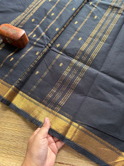 RF333 Monotone Black shade small border Kanchi cotton saree with handmade golden Zari Buttas
