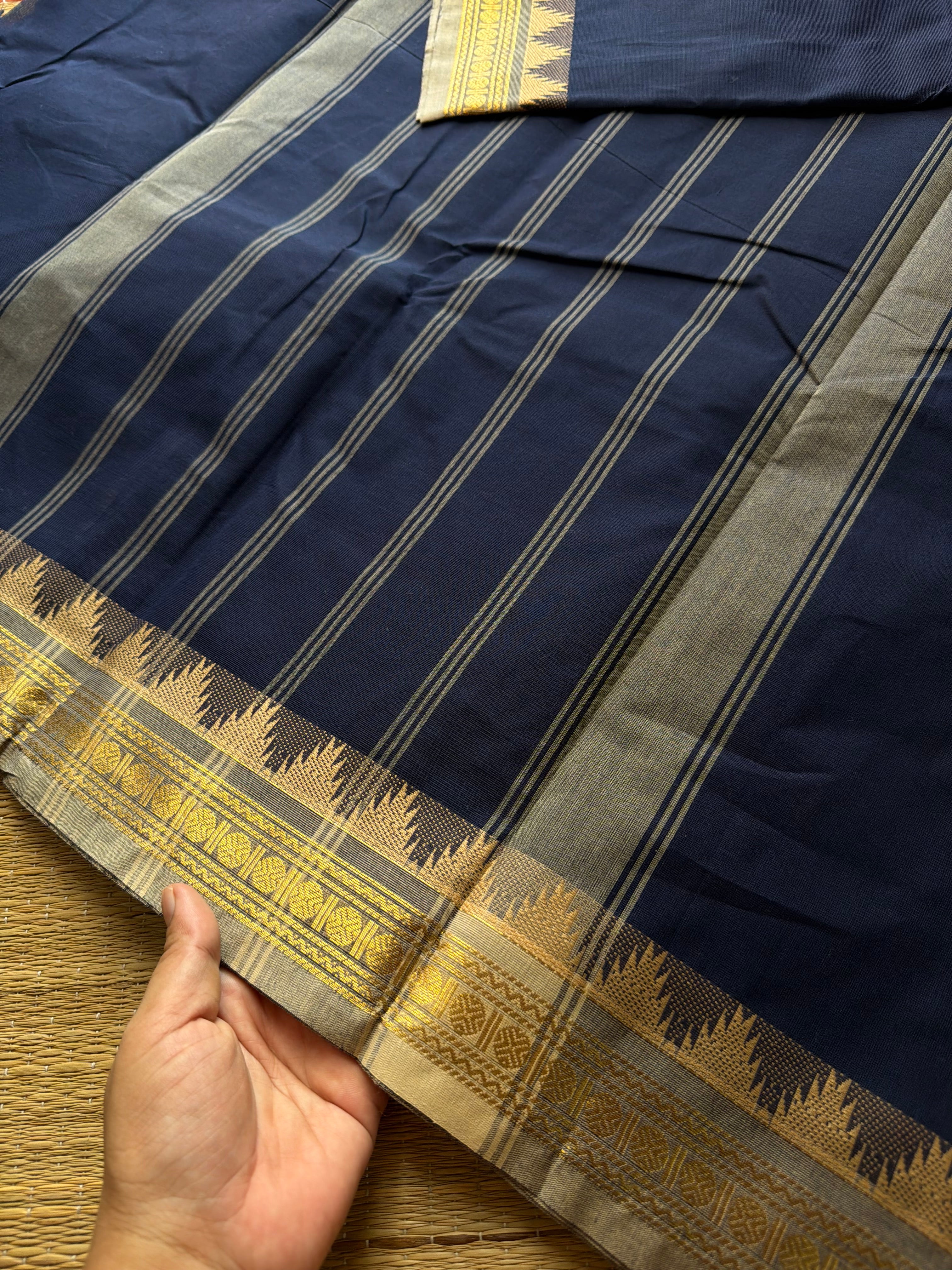 RF505 Navy blue with grey combination small border Thazhampoo pattern Kanchi cotton saree