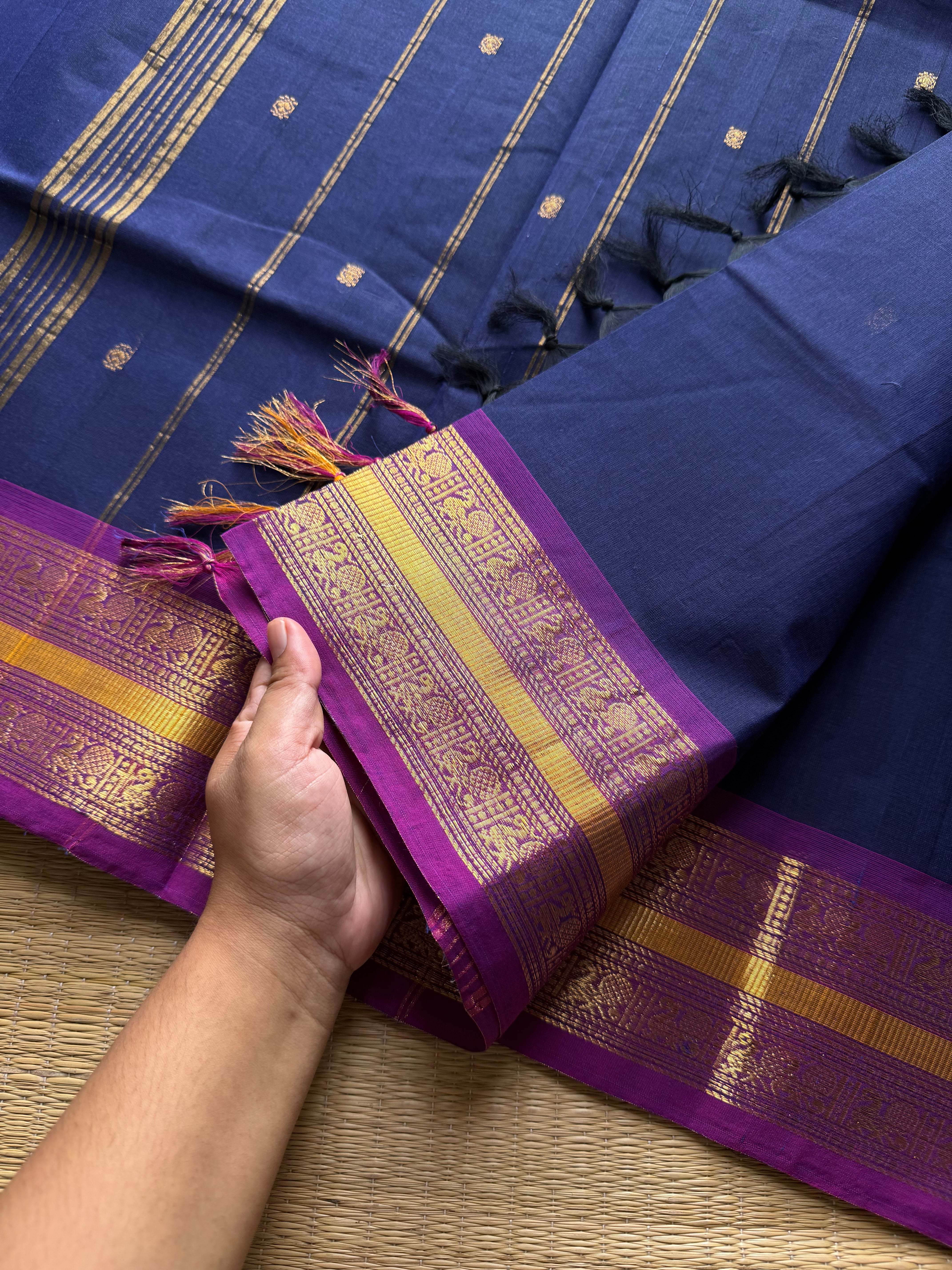 RF730 Navy blue shade Kanchi cotton saree with handmade golden buttas