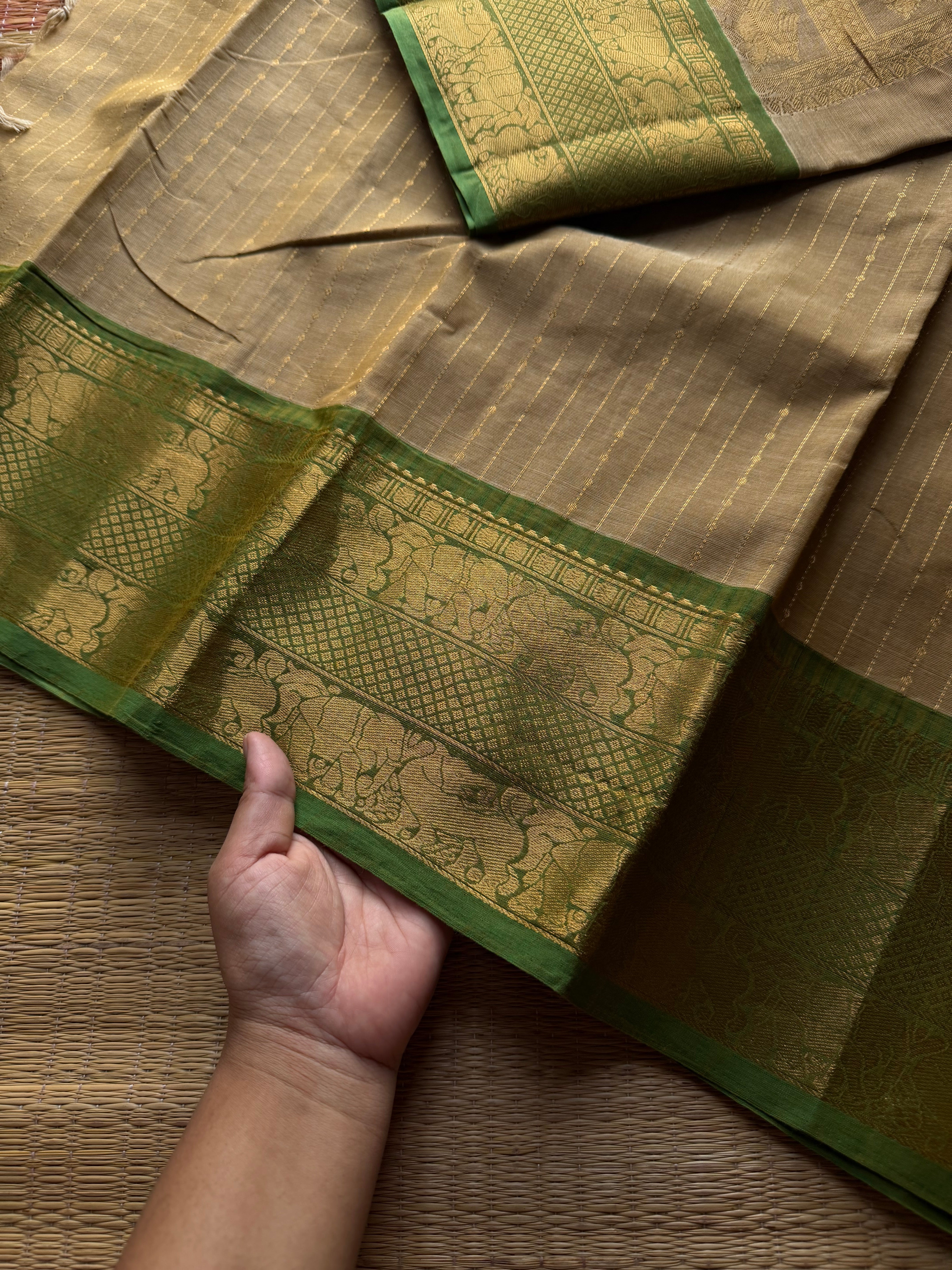 RF1384 Premium Rich Pallu Kanchi cotton saree with Vairaoosi weaving & Yazhi pattern pattern ~ Beige with green