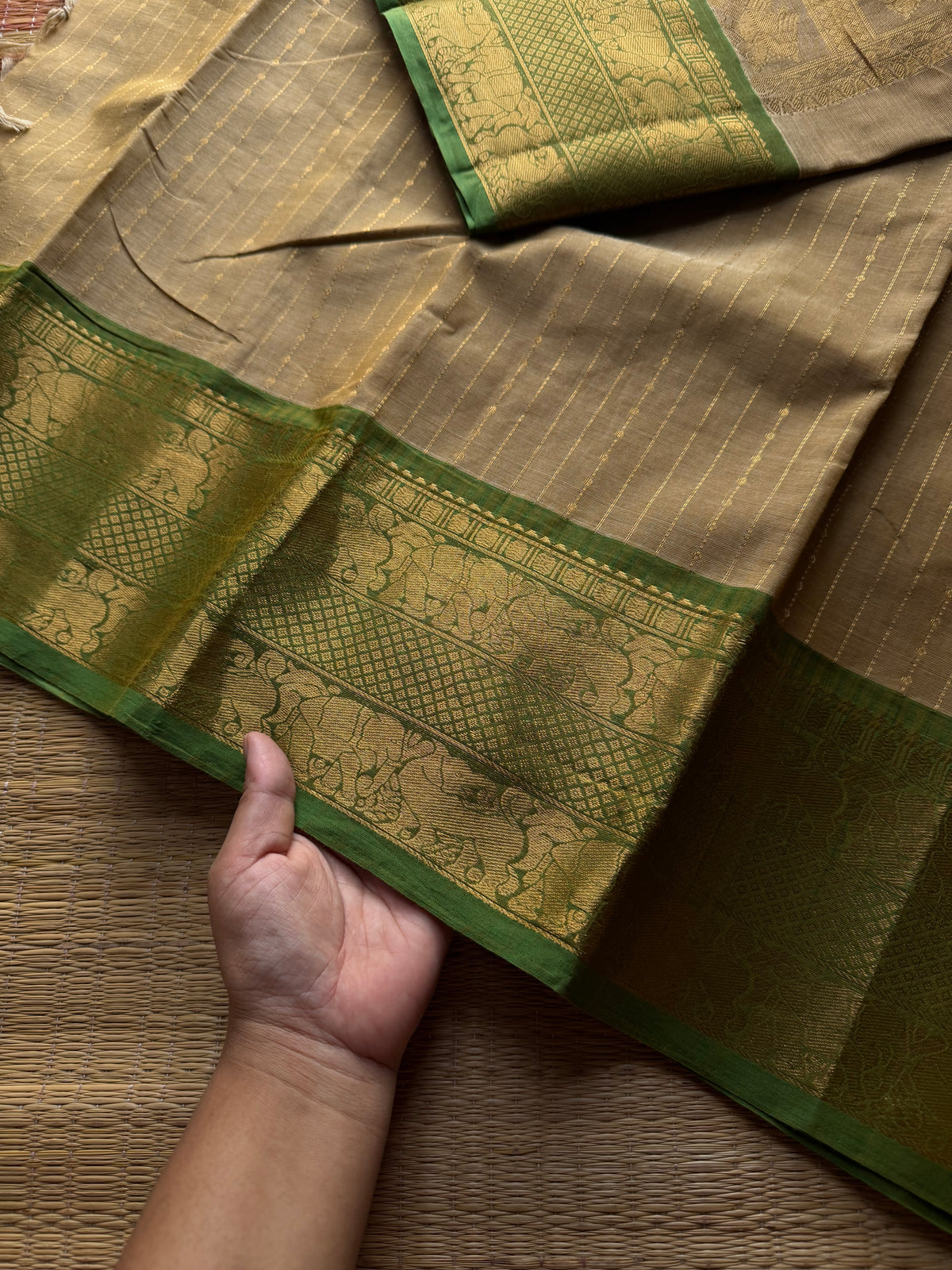 RF1384 Premium Rich Pallu Kanchi cotton saree with Vairaoosi weaving & Yazhi pattern pattern ~ Beige with green
