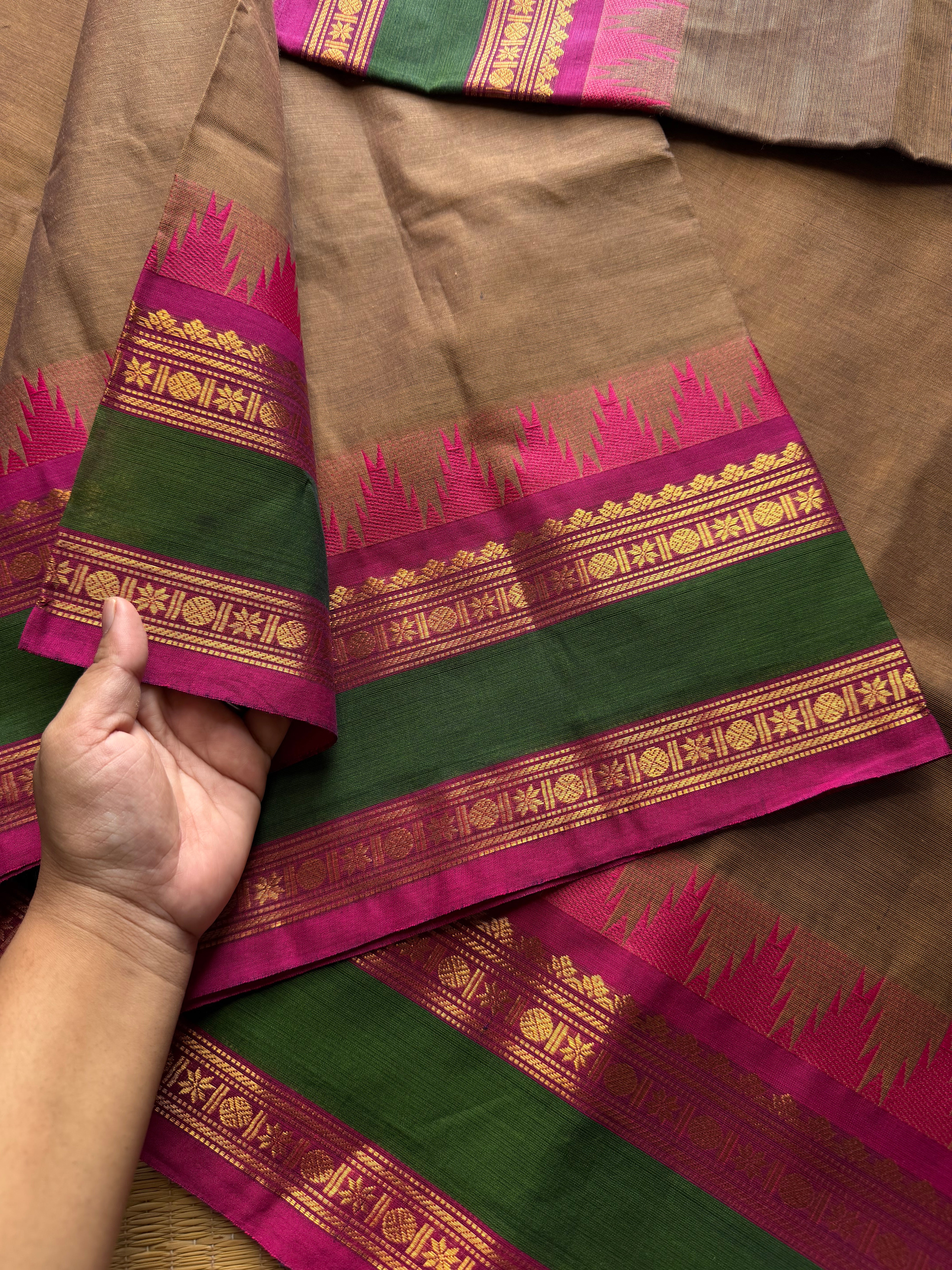 RF539 Dual tone biscuit shade Kanchi cotton saree with contrast Thazhampoo pattern gap border