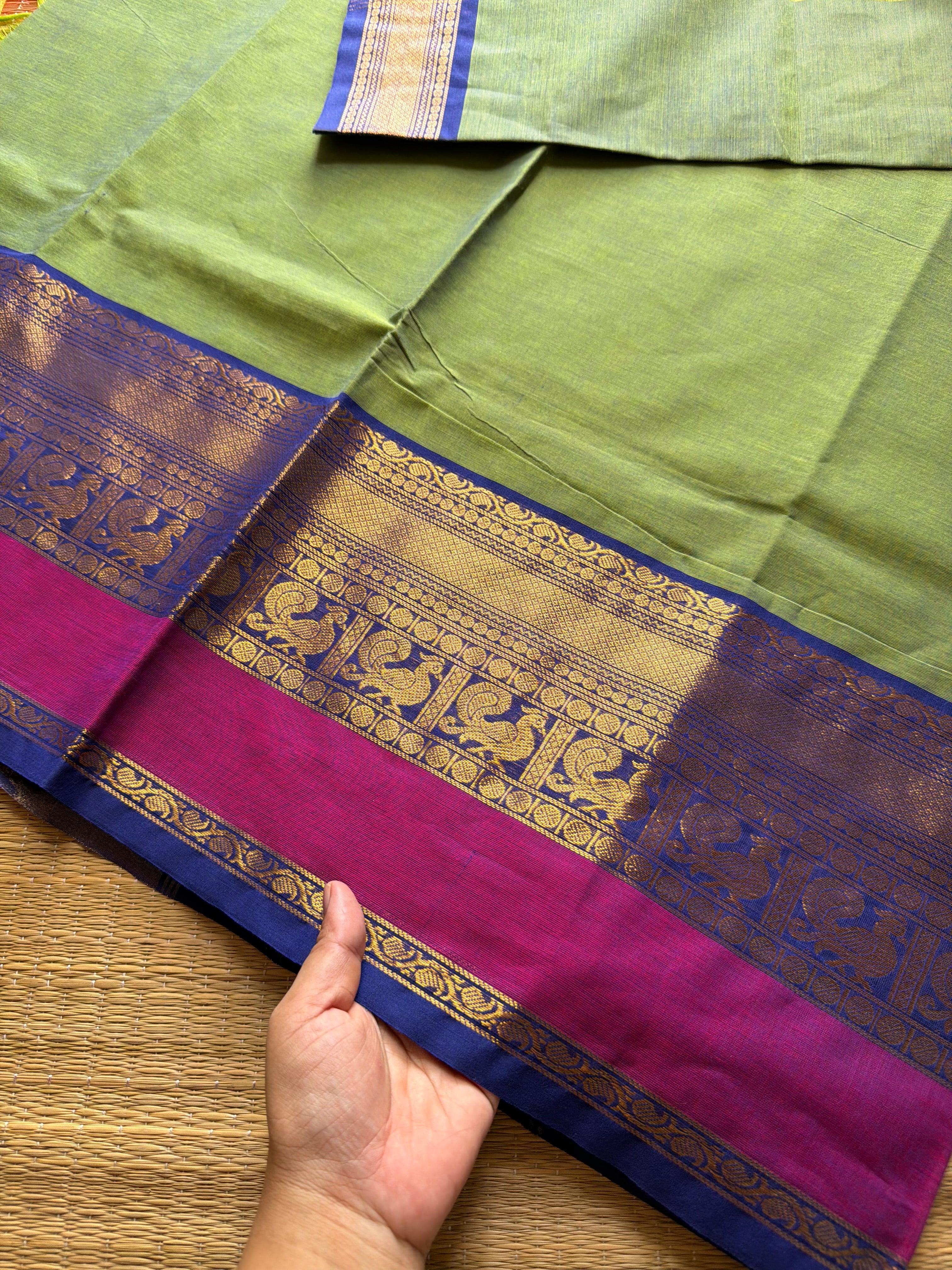 Dual tone green shade Kanchi cotton saree with contrast big Zari border