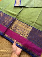 Dual tone green shade Kanchi cotton saree with contrast big Zari border