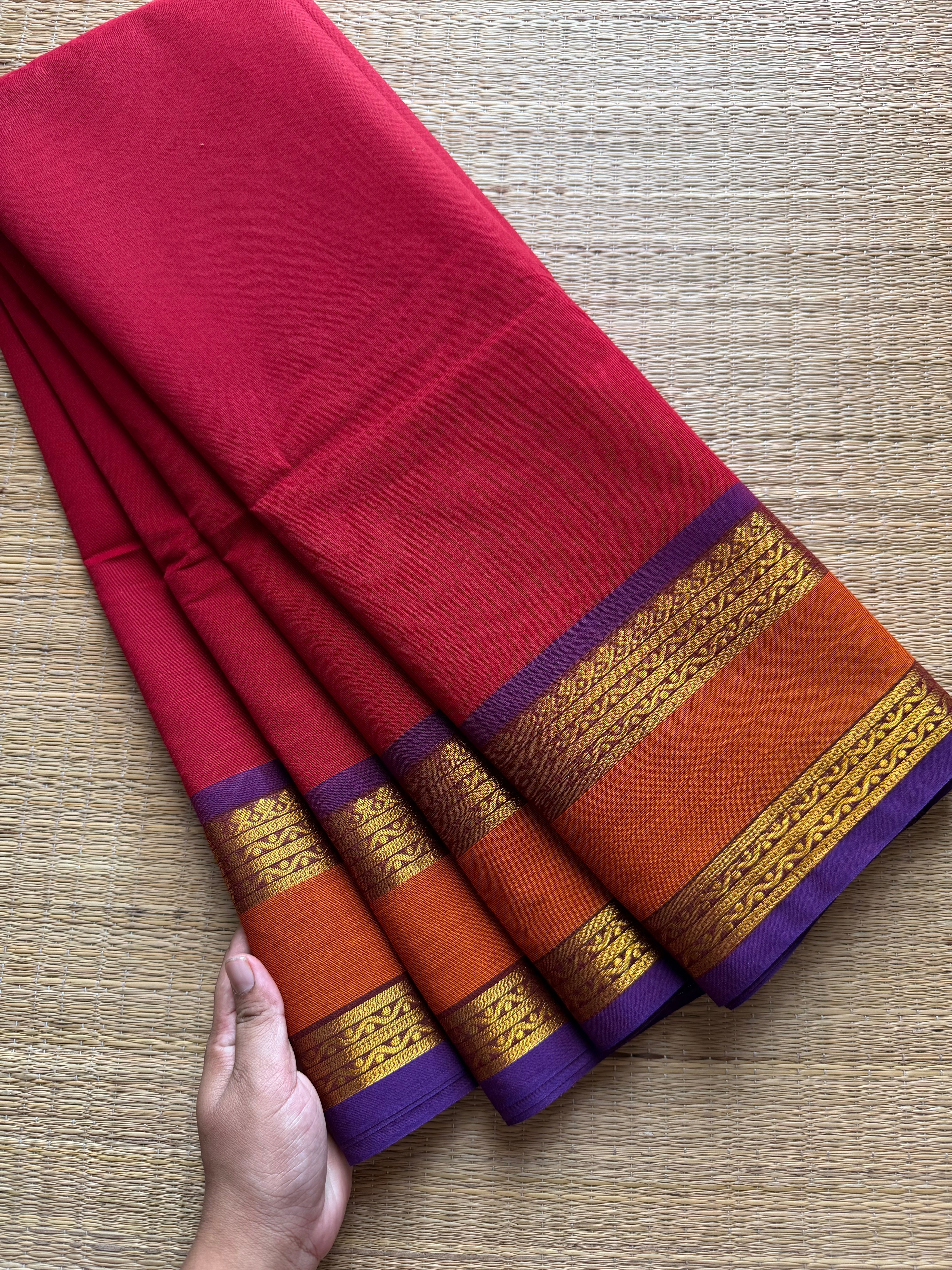 RF620 Reddish maroon  with purple and orange dual combination gap border Kanchi cotton saree