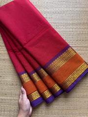 RF620 Reddish maroon  with purple and orange dual combination gap border Kanchi cotton saree