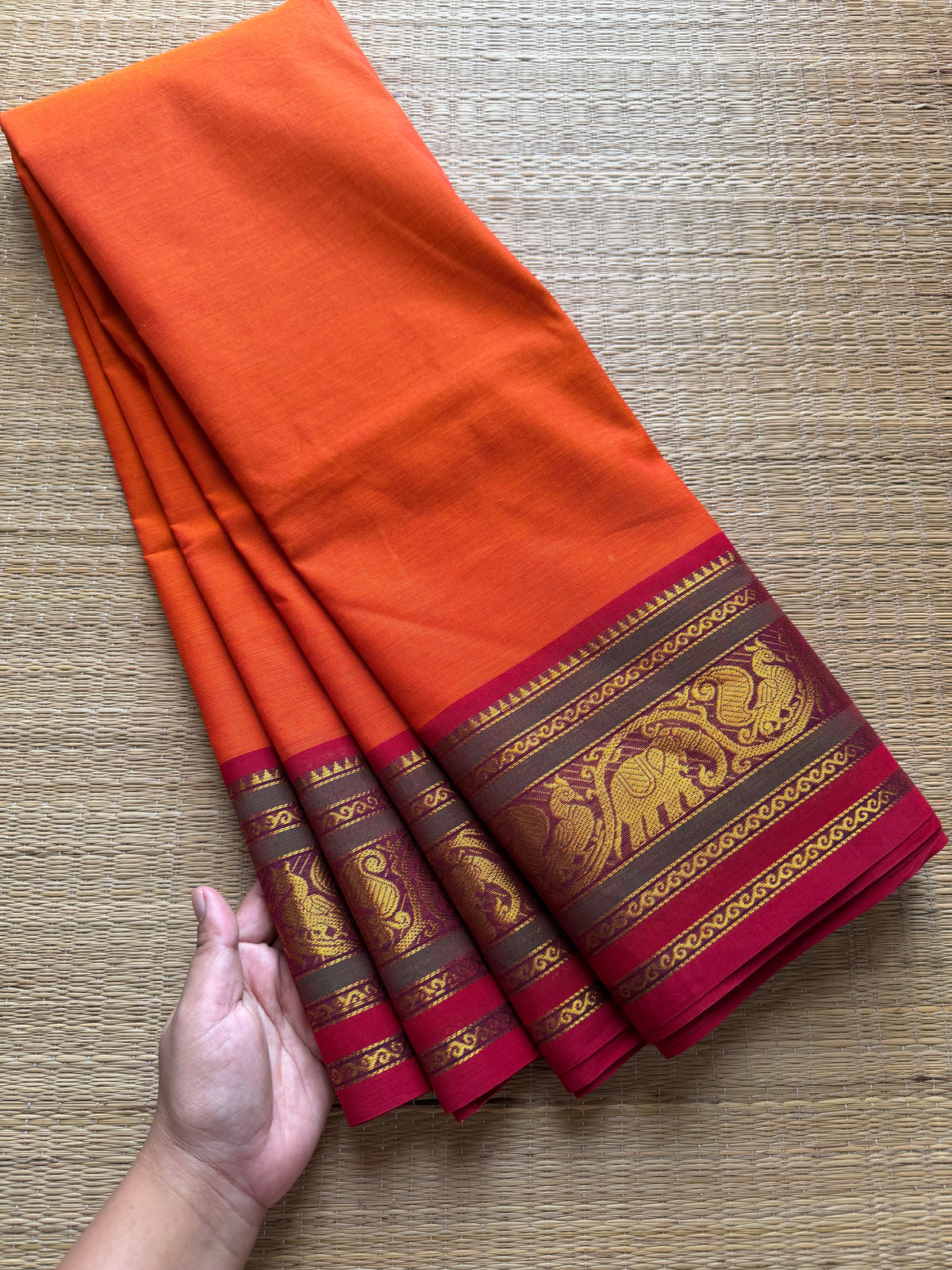 Orange with red & green combination Kanchi cotton saree with Annam & elephant pattern contrast double color border